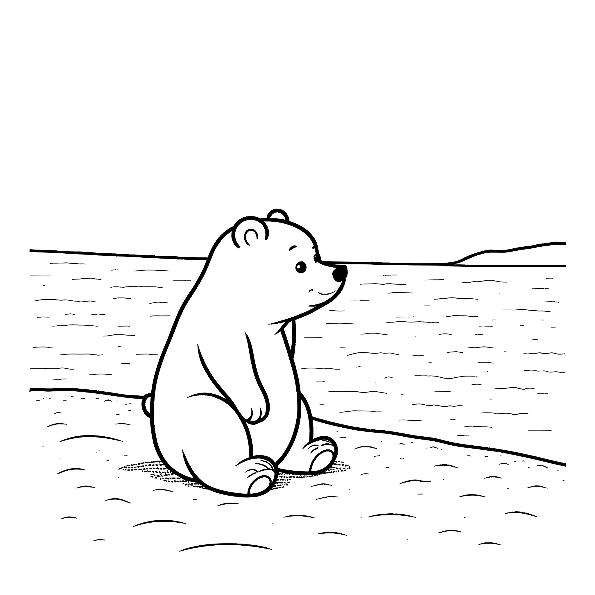Bear sitting peacefully on the shore Coloring Page (free black-and-white line drawing printable PDF for all, from beginners to advanced learners, including children, teens, adults, and seniors)