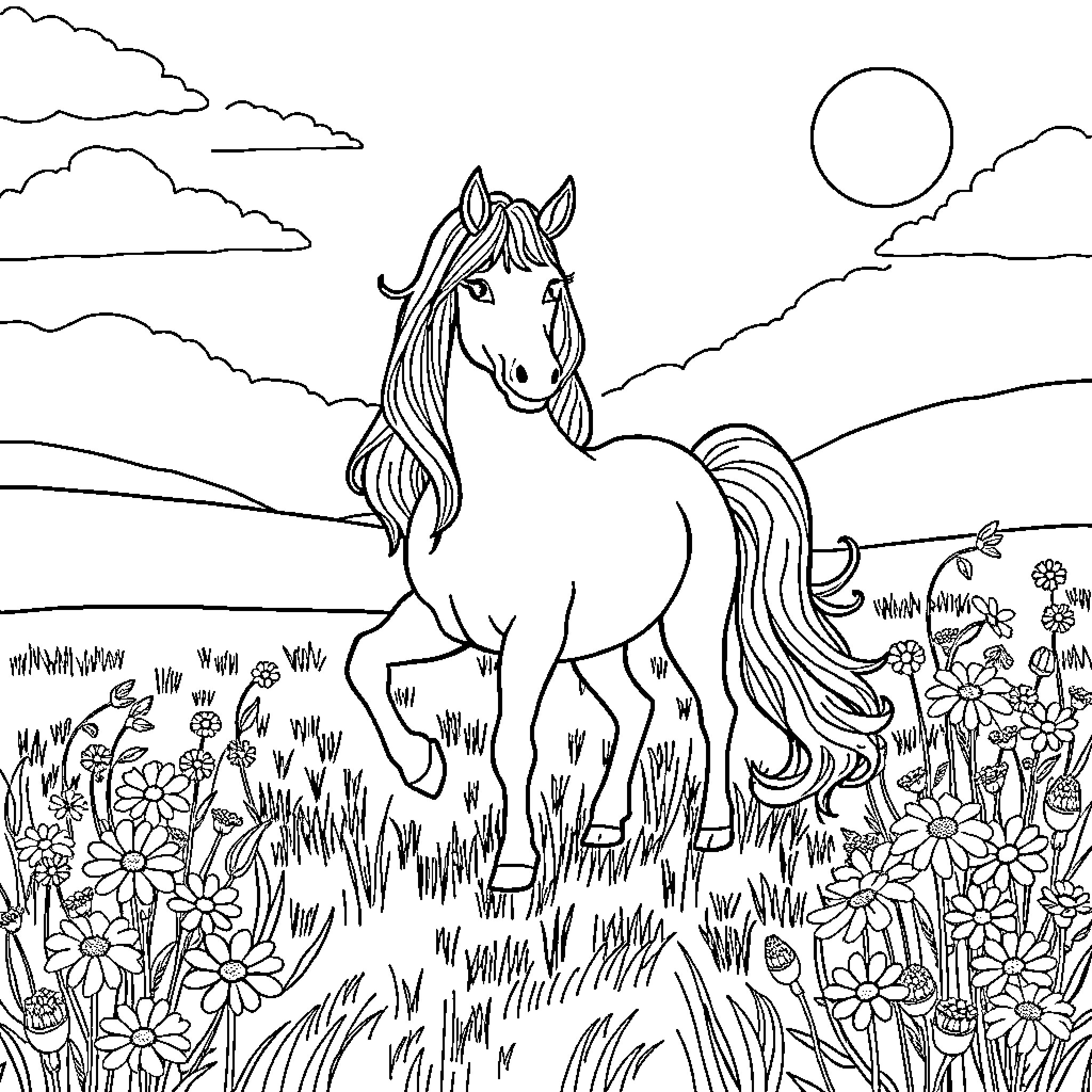 Unicorn frolicking in a meadow Coloring Page (free black-and-white line drawing printable PDF for all, from beginners to advanced learners, including children, teens, adults, and seniors)