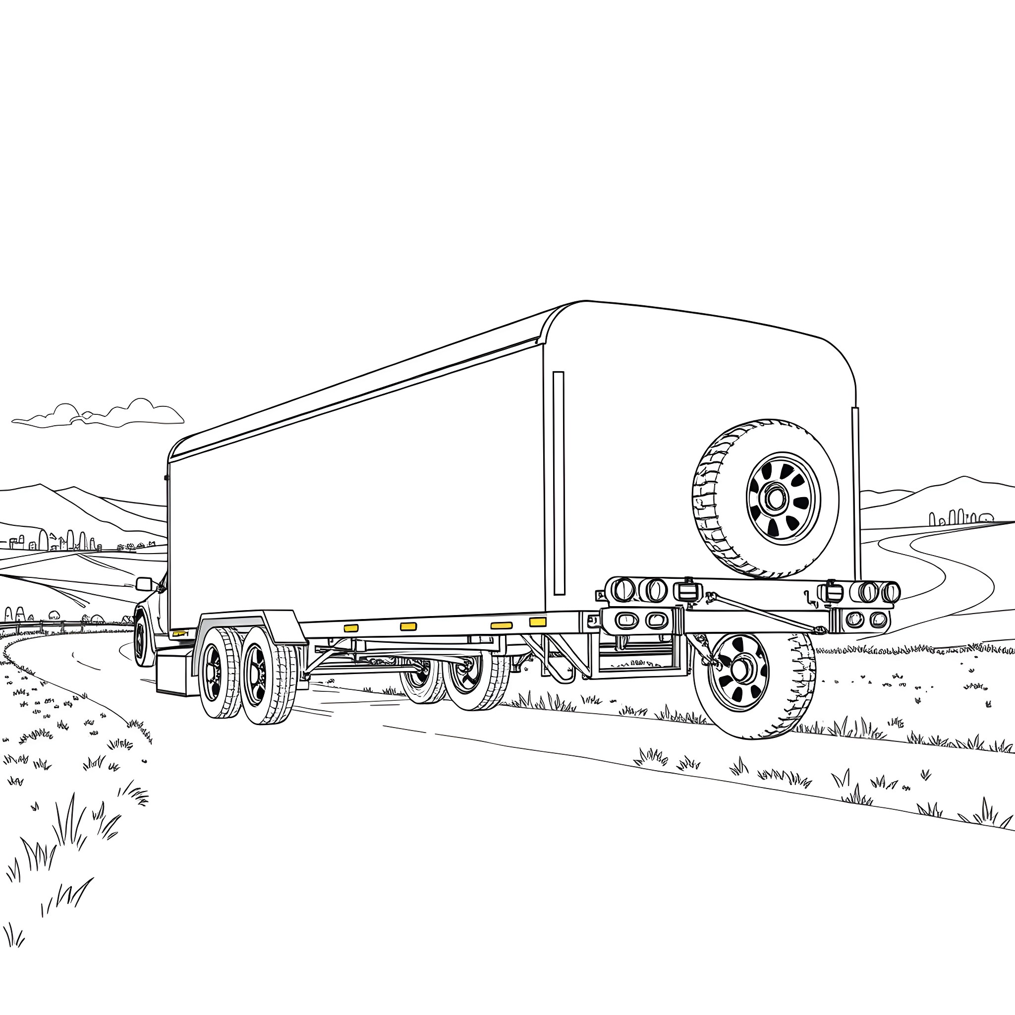 Car Trailer Moving Across Countryside Landscape Coloring Page (free black-and-white line drawing printable PDF for all, from beginners to advanced learners, including children, teens, adults, and seniors)