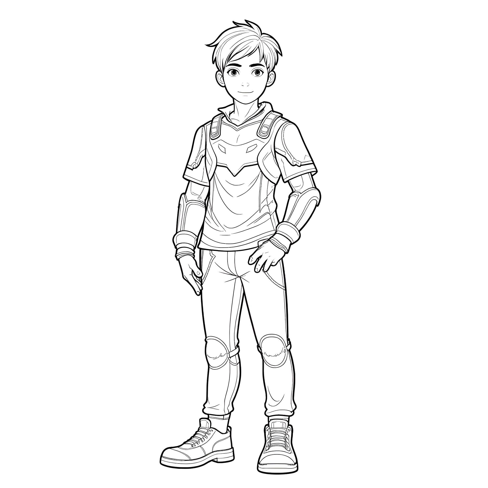 Boy in futuristic outfit with robotic elements Coloring Page (free black-and-white line drawing printable PDF for all, from beginners to advanced learners, including children, teens, adults, and seniors)