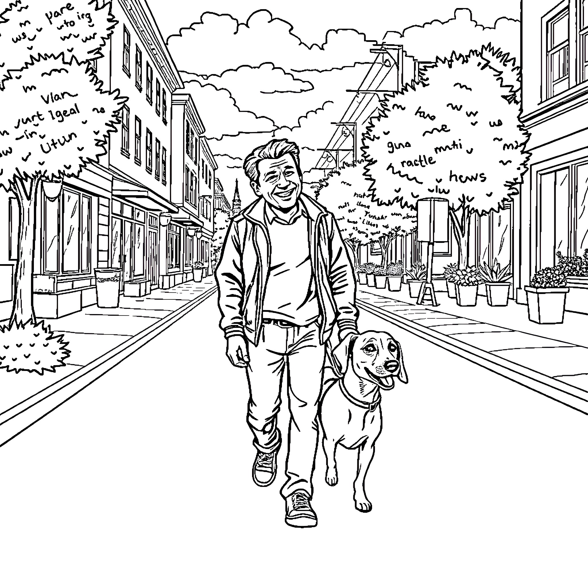 Man walking his dog on city street Coloring Page (free black-and-white line drawing printable PDF for all, from beginners to advanced learners, including children, teens, adults, and seniors)
