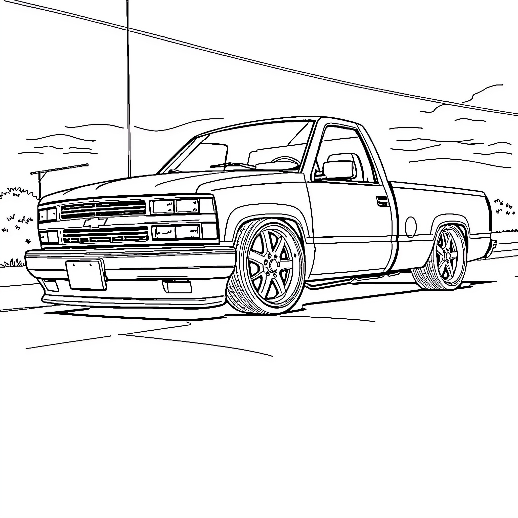Chevy pickup truck in the countryside Coloring Page (free black-and-white line drawing printable PDF for all, from beginners to advanced learners, including children, teens, adults, and seniors)
