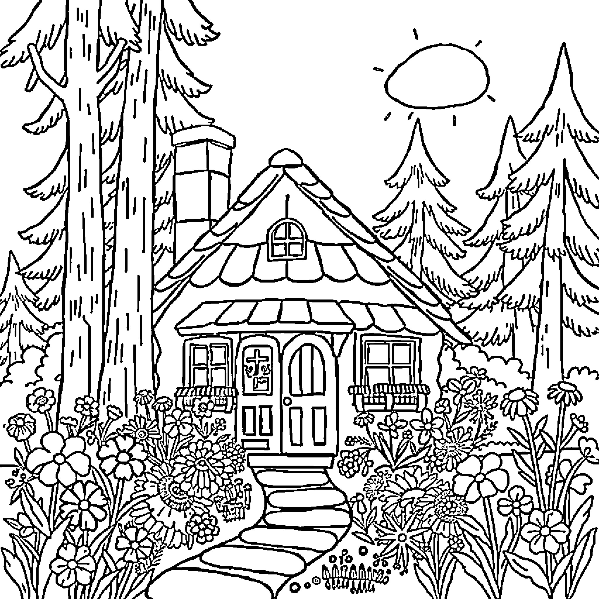 Gabi's Whimsical Cottage in the Enchanted Forest Coloring Page (free black-and-white line drawing printable PDF for all, from beginners to advanced learners, including children, teens, adults, and seniors)