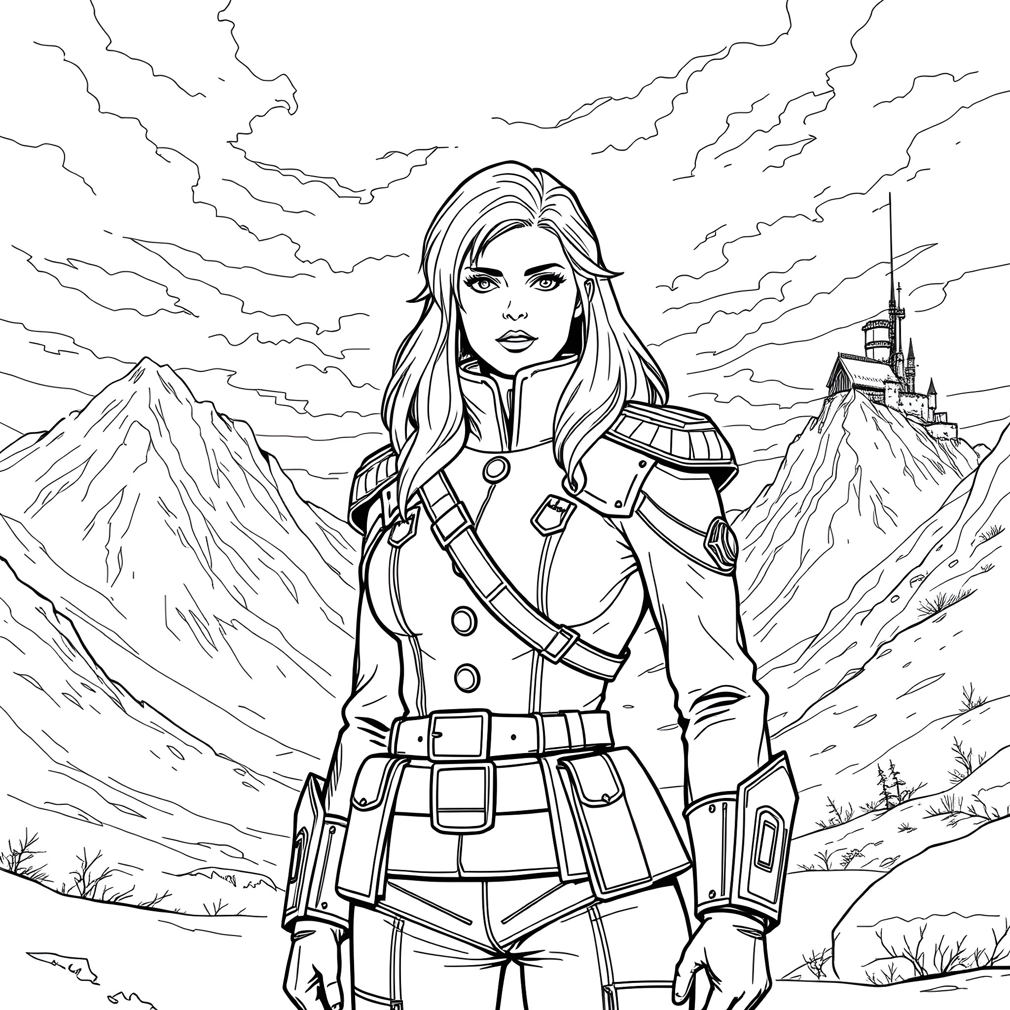Olivier Mira Armstrong in a commanding pose against a mountainous landscape Coloring Page (free black-and-white line drawing printable PDF for all, from beginners to advanced learners, including children, teens, adults, and seniors)