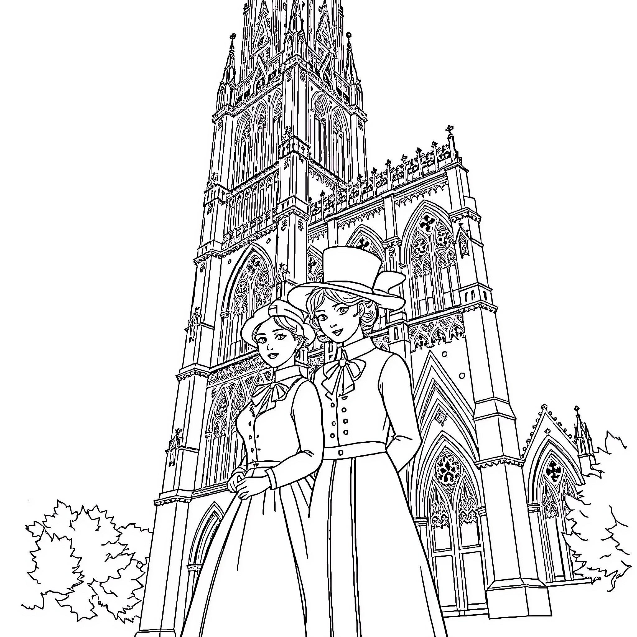 Victorian Ladies Admiring Ornate Gothic Cathedral Coloring Page (free black-and-white line drawing printable PDF for all, from beginners to advanced learners, including children, teens, adults, and seniors)