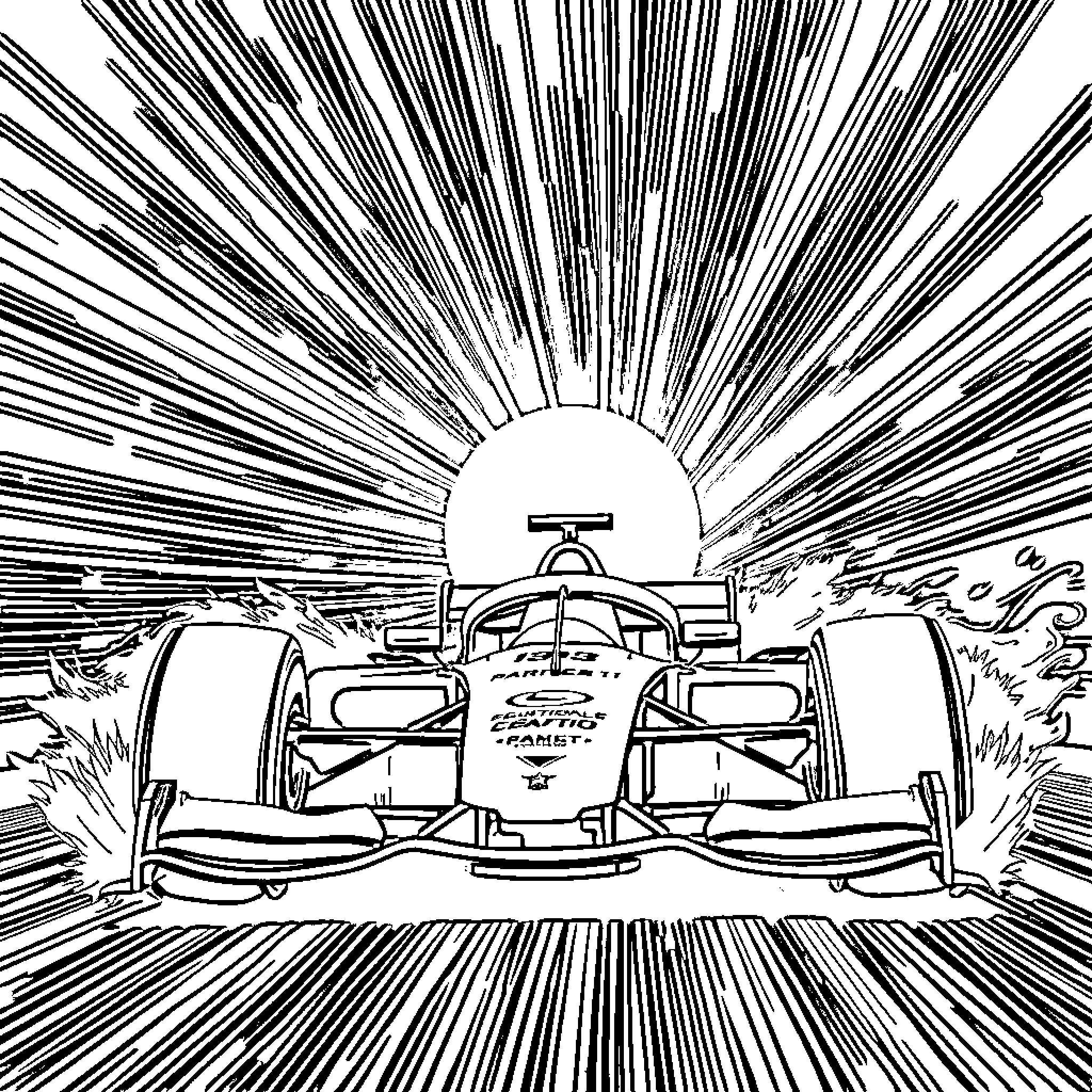 Formula 1 Race Cars Speeding Towards Sunset Coloring Page (free black-and-white line drawing printable PDF for all, from beginners to advanced learners, including children, teens, adults, and seniors)