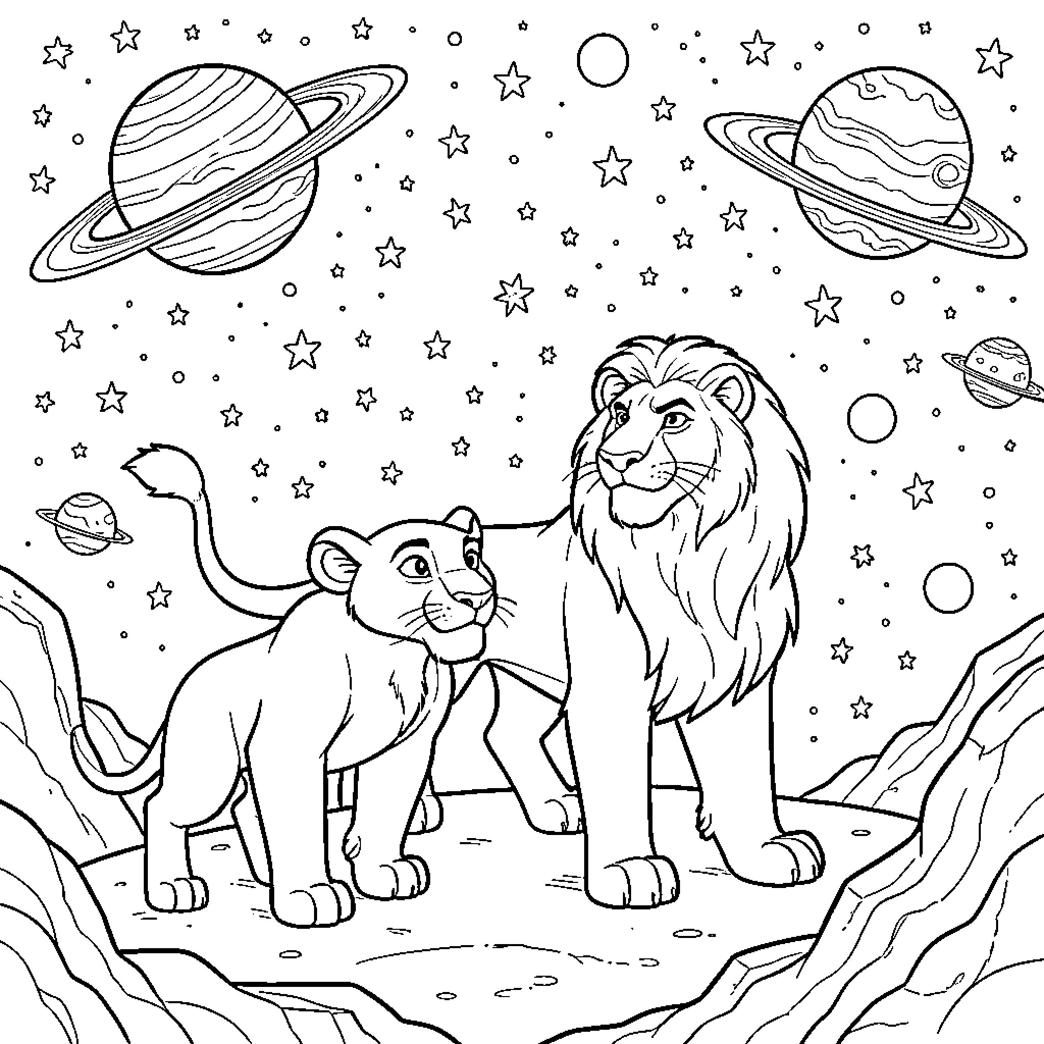 Lion family standing together under a starry galaxy Coloring Page (free black-and-white line drawing printable PDF for all, from beginners to advanced learners, including children, teens, adults, and seniors)