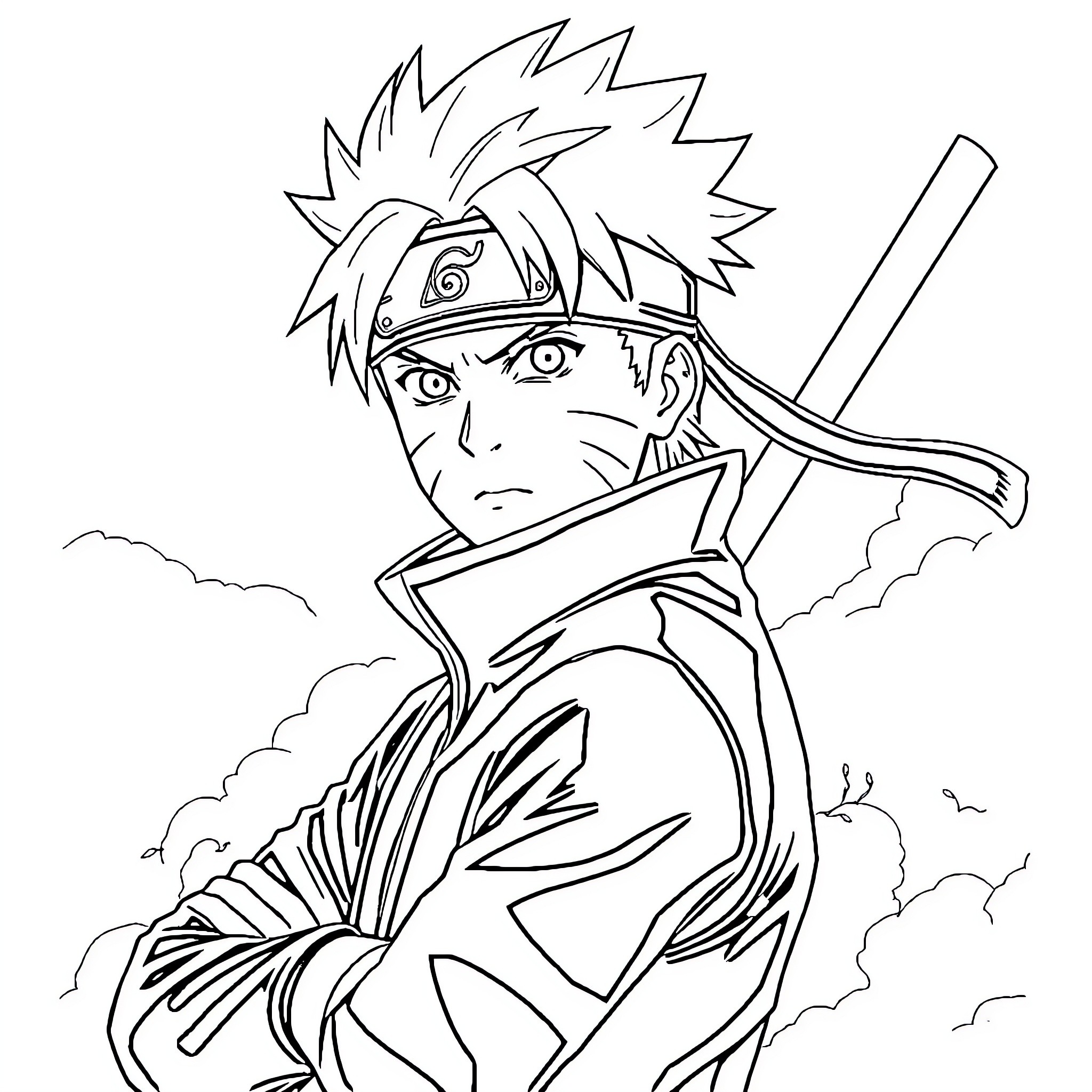 Naruto Ninja Warrior in Action Coloring Page (free black-and-white line drawing printable PDF for all, from beginners to advanced learners, including children, teens, adults, and seniors)