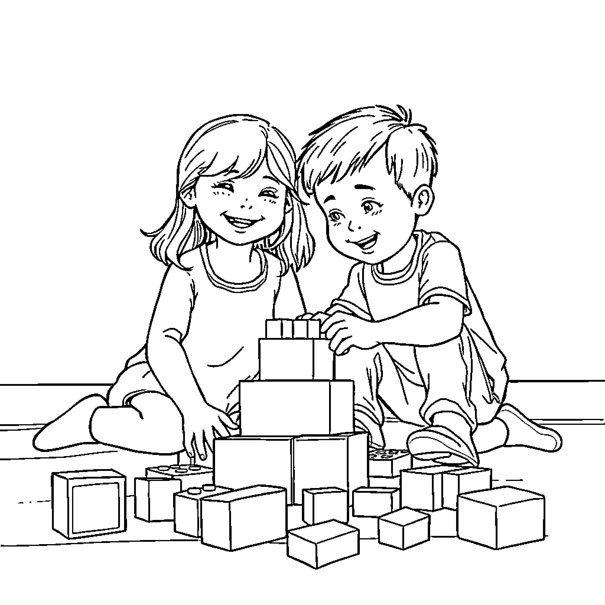 Child playing with blocks happily together Coloring Page (free black-and-white line drawing printable PDF for all, from beginners to advanced learners, including children, teens, adults, and seniors)