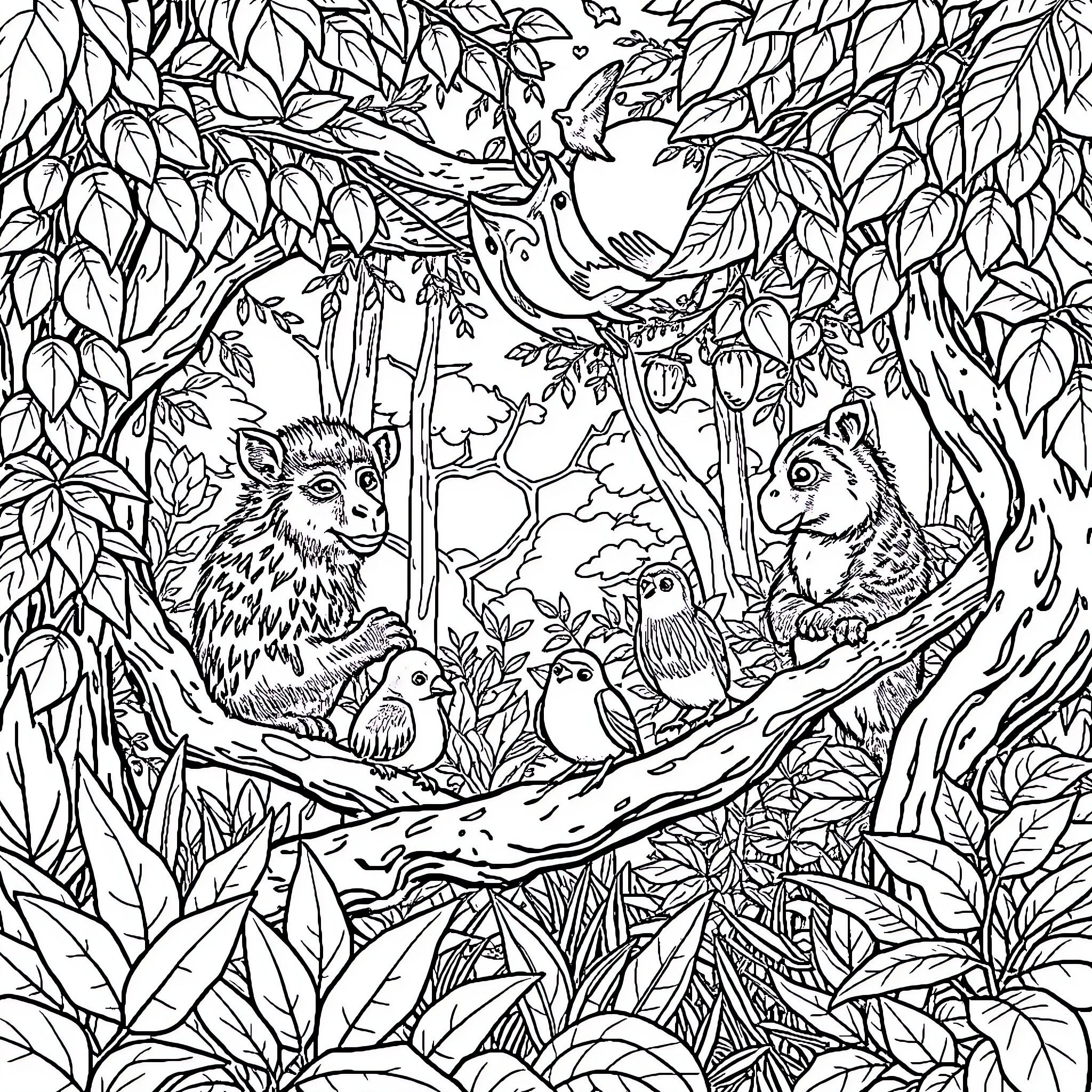 Animal Forest Scene with Wildlife Coloring Page (free black-and-white line drawing printable PDF for all, from beginners to advanced learners, including children, teens, adults, and seniors)