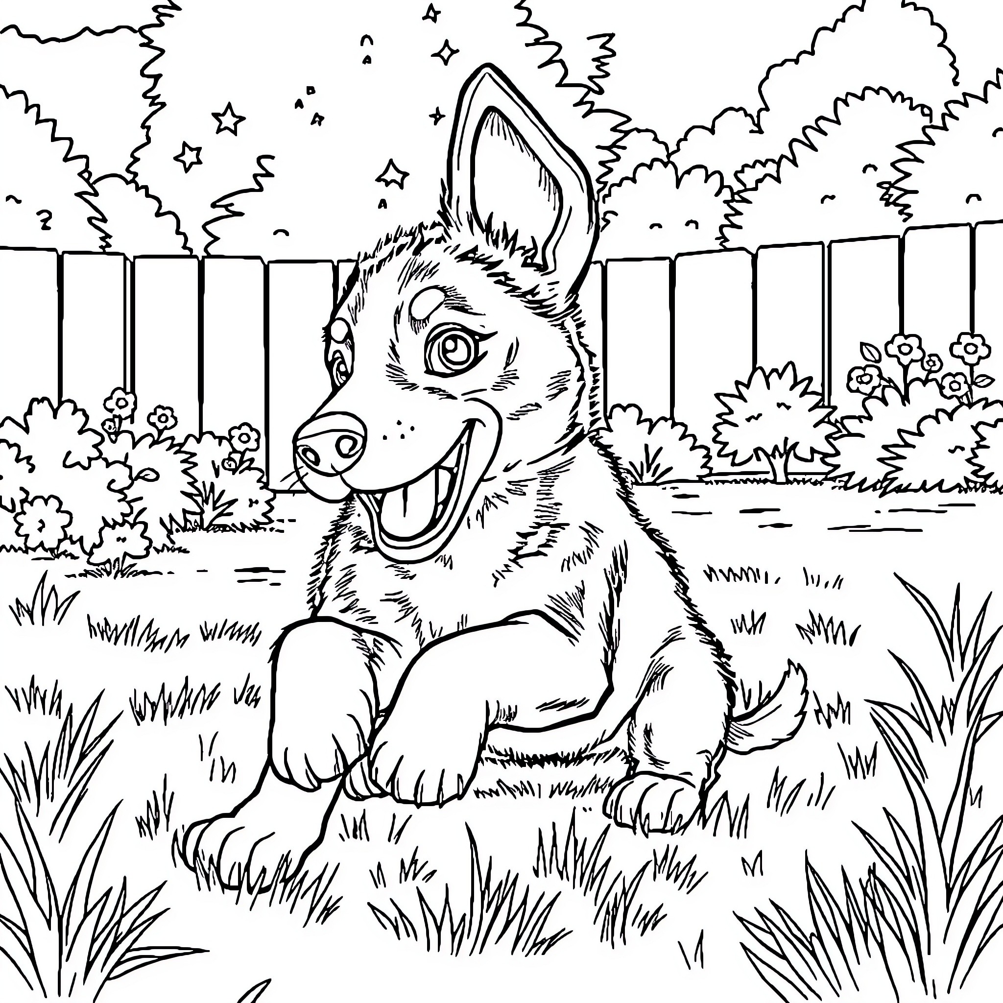 Bluey exploring the backyard with excitement Coloring Page (free black-and-white line drawing printable PDF for all, from beginners to advanced learners, including children, teens, adults, and seniors)