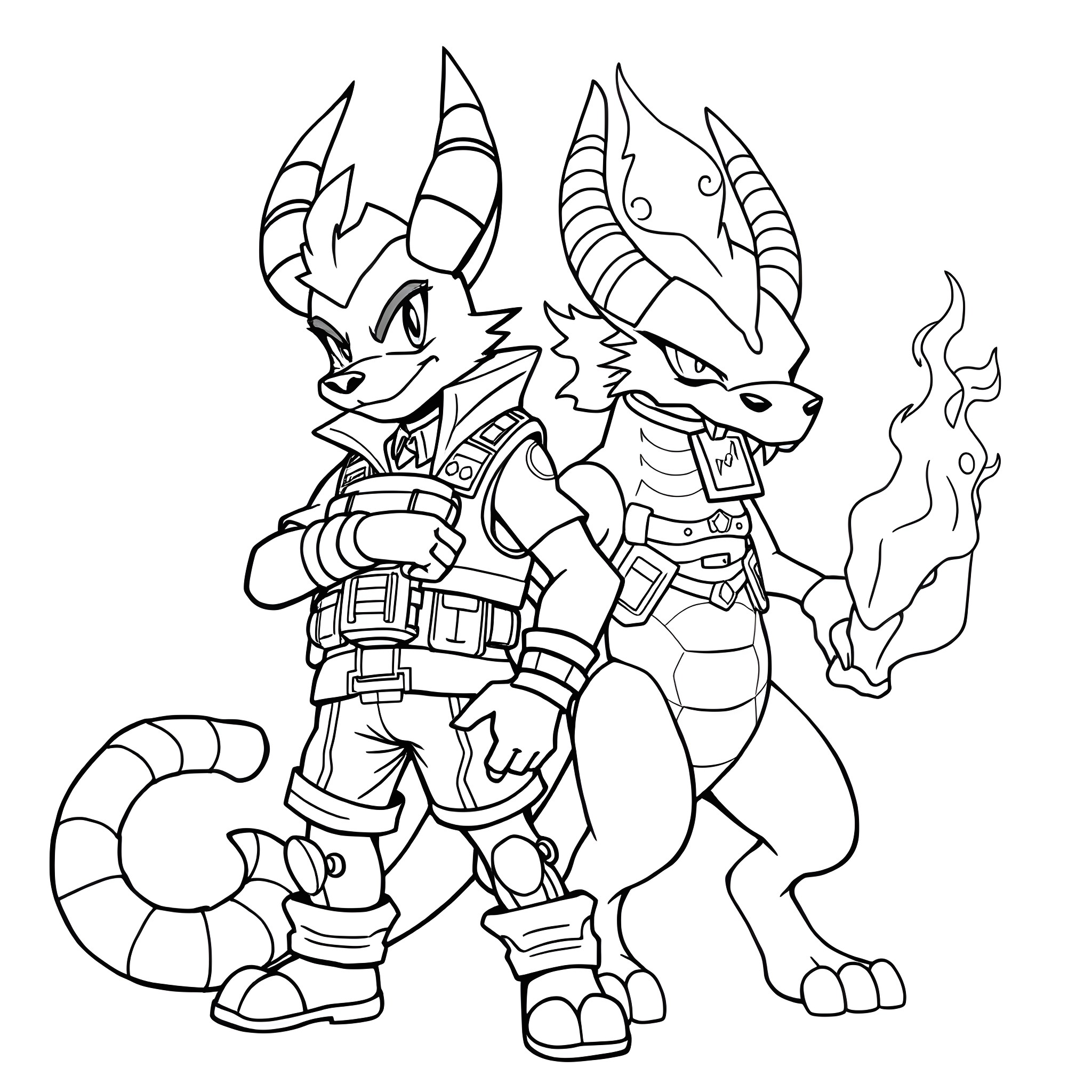 Houndoom in warrior battle stance Coloring Page (free black-and-white line drawing printable PDF for all, from beginners to advanced learners, including children, teens, adults, and seniors)