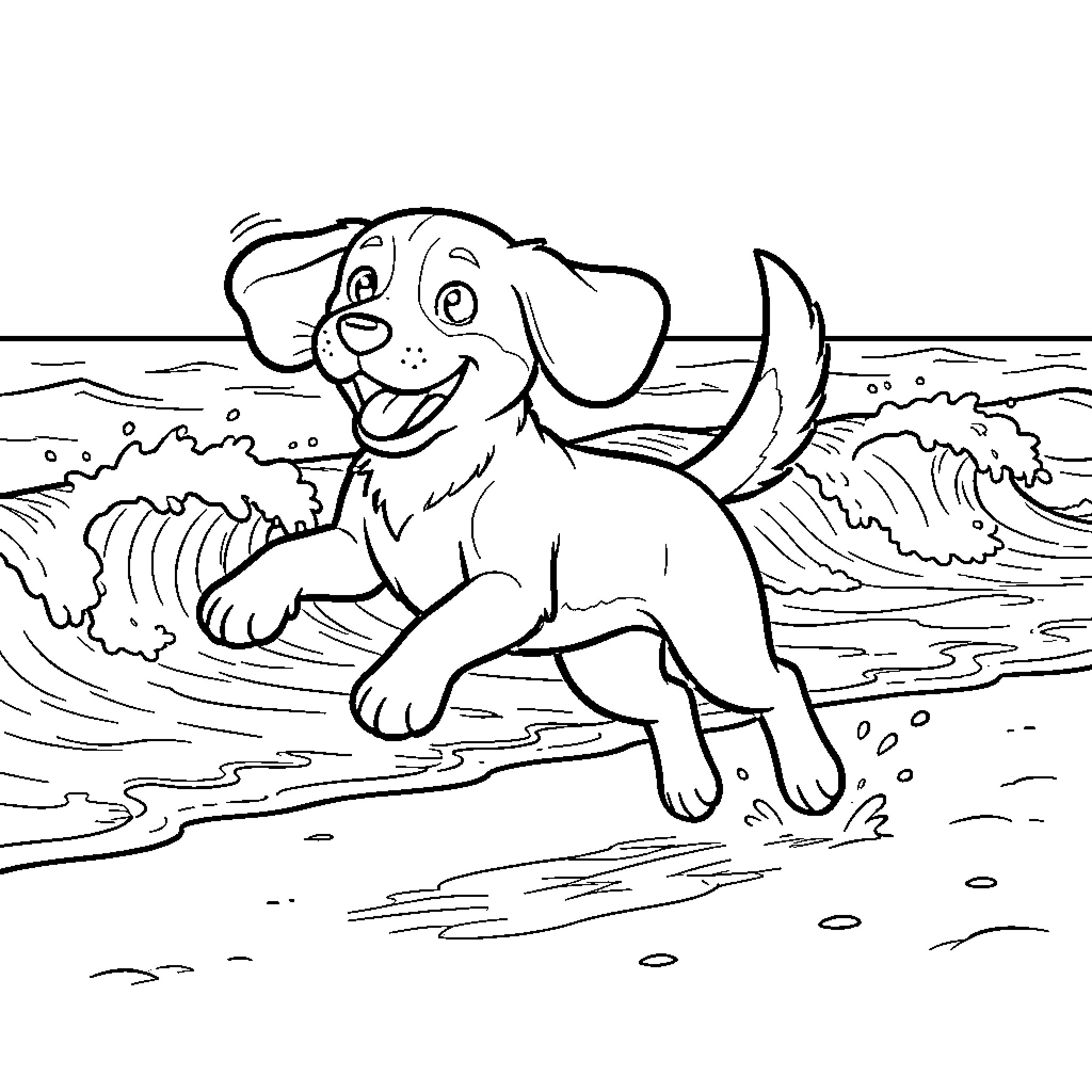 Beagle splashing playfully in the ocean Coloring Page (free black-and-white line drawing printable PDF for all, from beginners to advanced learners, including children, teens, adults, and seniors)
