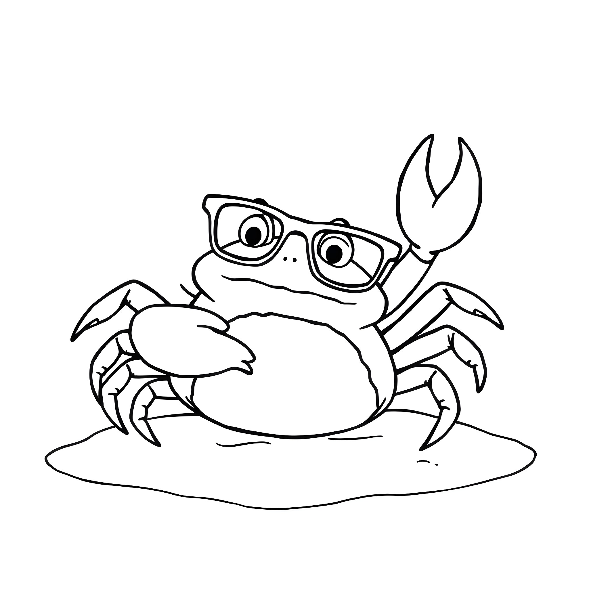 Crab wearing glasses on the beach Coloring Page (free black-and-white line drawing printable PDF for all, from beginners to advanced learners, including children, teens, adults, and seniors)
