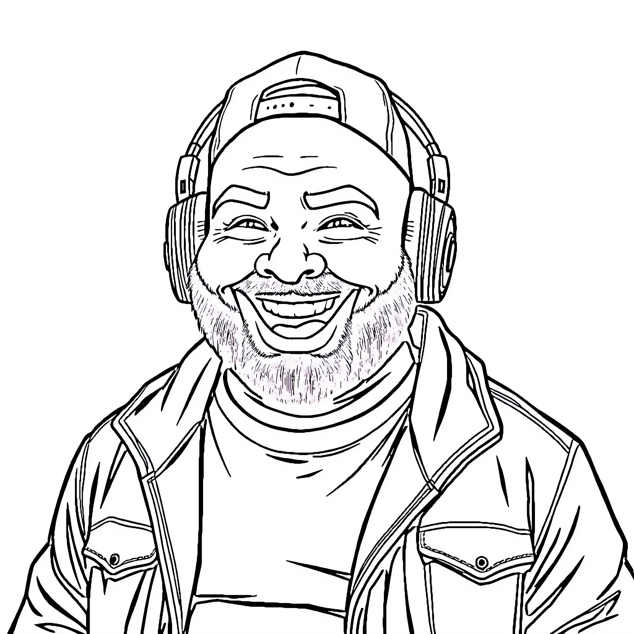 Guy Wearing Headphones and Smiling Happily Coloring Page (free black-and-white line drawing printable PDF for all, from beginners to advanced learners, including children, teens, adults, and seniors)