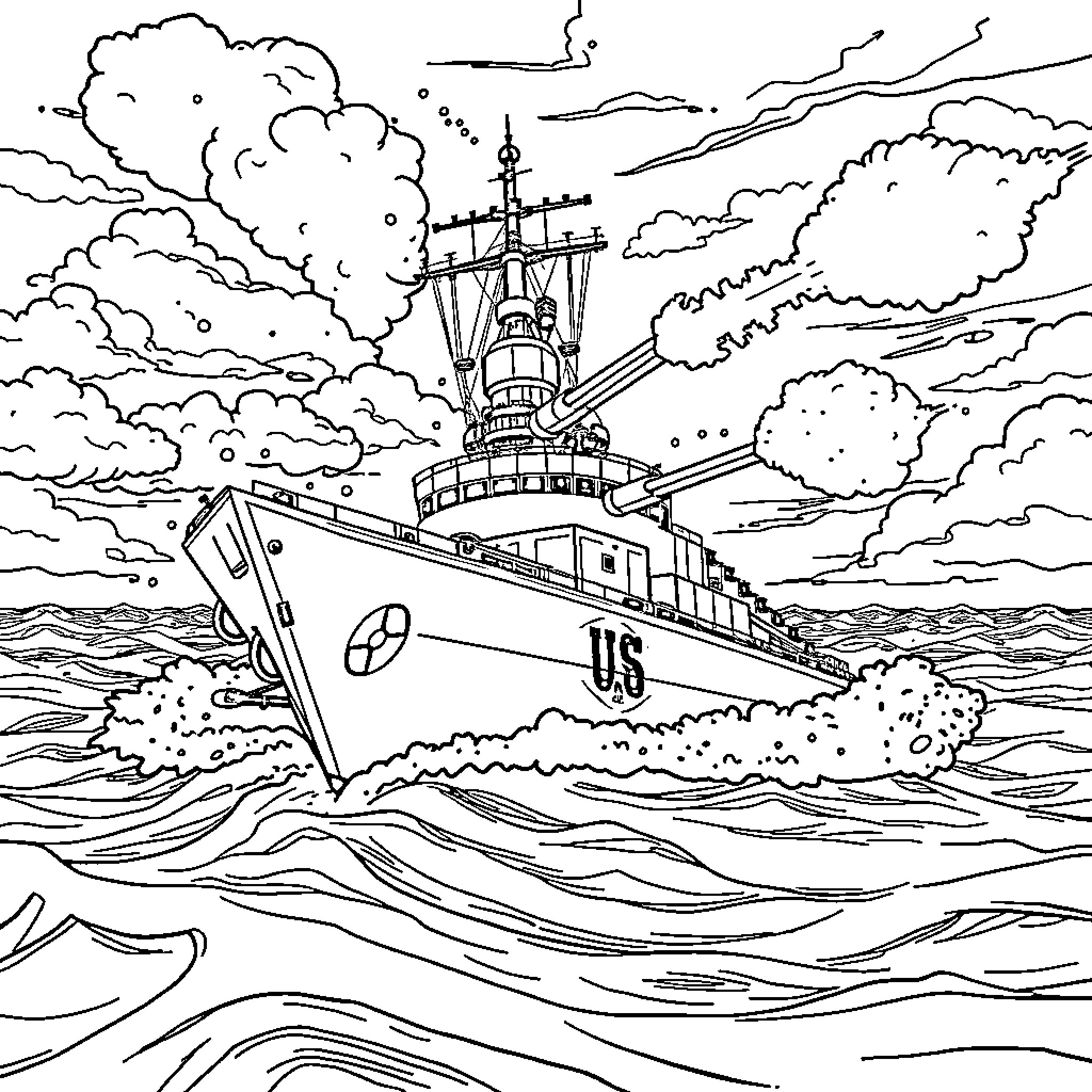 Navy Ship Navigating Rough Seas in Stormy Weather Coloring Page (free black-and-white line drawing printable PDF for all, from beginners to advanced learners, including children, teens, adults, and seniors)