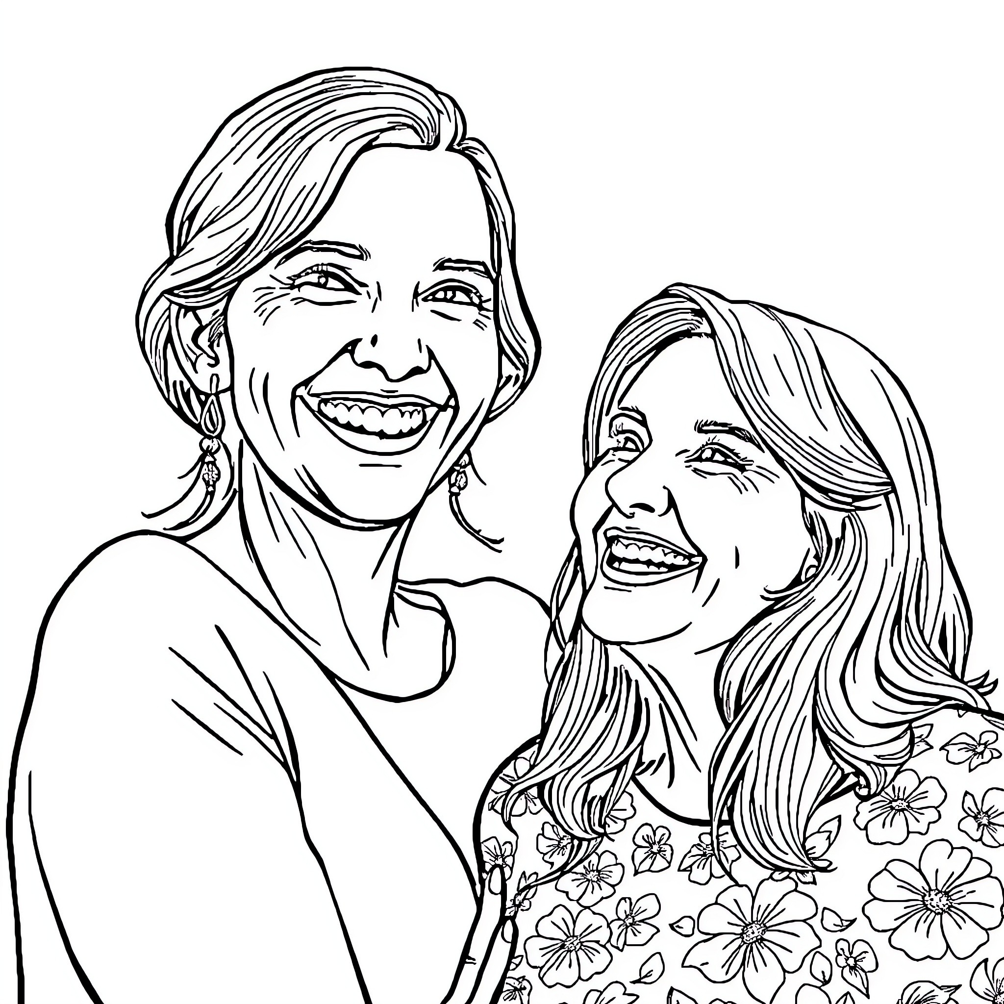 Emma's Joyful Embrace with Friend Coloring Page (free black-and-white line drawing printable PDF for all, from beginners to advanced learners, including children, teens, adults, and seniors)