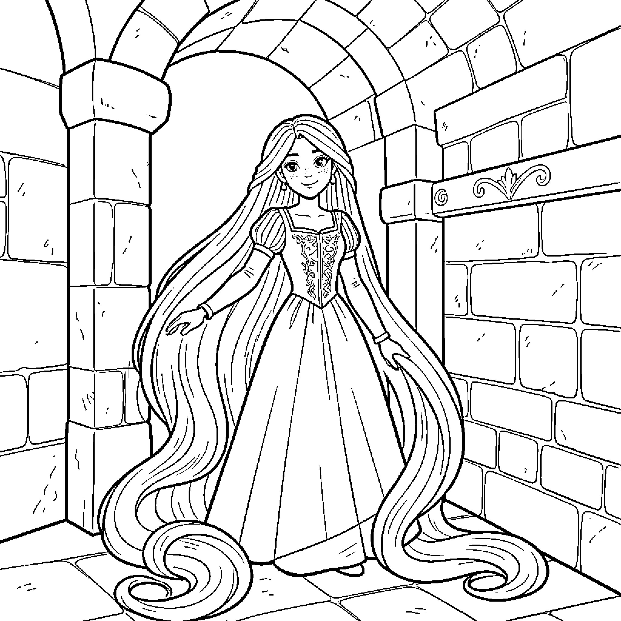 Rapunzel standing gracefully with long flowing hair in a tower Coloring Page (free black-and-white line drawing printable PDF for all, from beginners to advanced learners, including children, teens, adults, and seniors)
