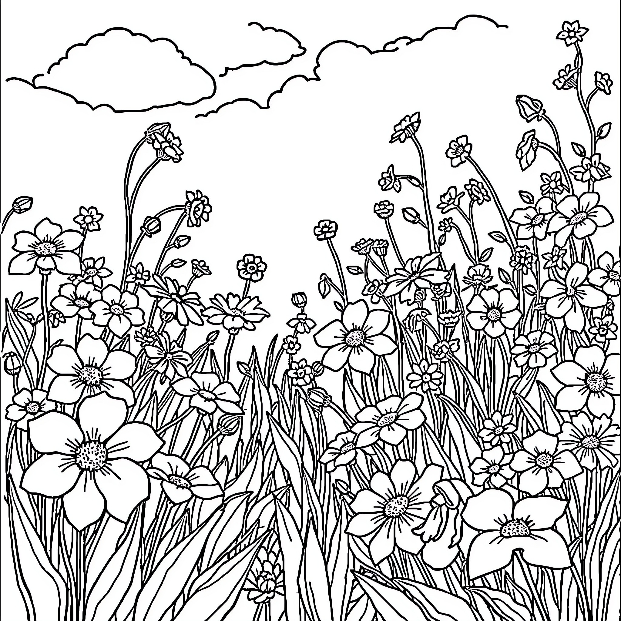 Flower field with swirling clouds above Coloring Page (free black-and-white line drawing printable PDF for all, from beginners to advanced learners, including children, teens, adults, and seniors)