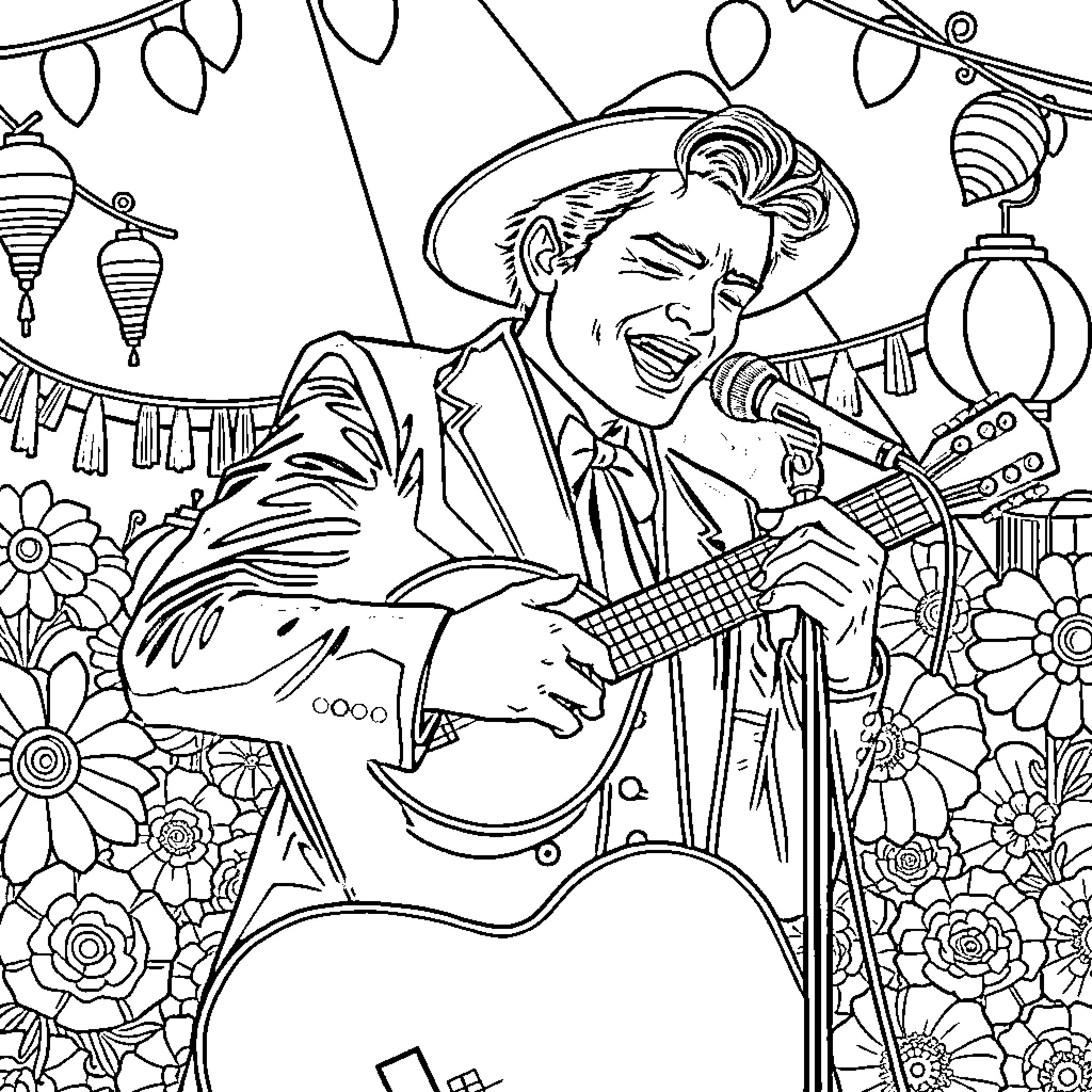 Edward Cullen playing guitar at a festive gathering Coloring Page (free black-and-white line drawing printable PDF for all, from beginners to advanced learners, including children, teens, adults, and seniors)