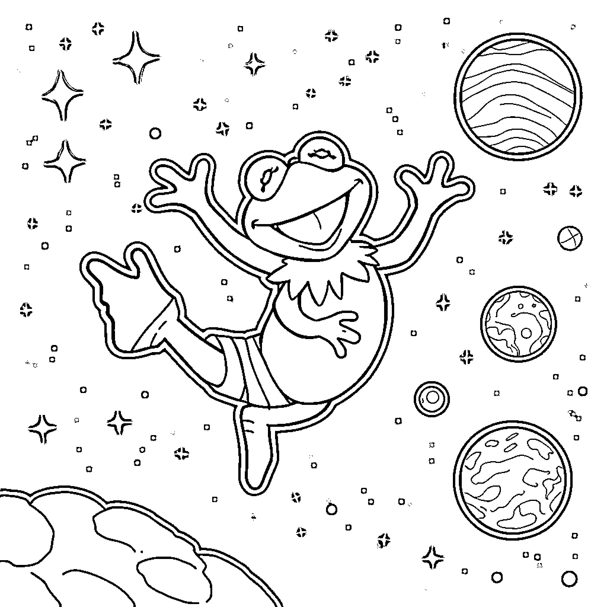 Kermit the Frog floating in space Coloring Page (free black-and-white line drawing printable PDF for all, from beginners to advanced learners, including children, teens, adults, and seniors)
