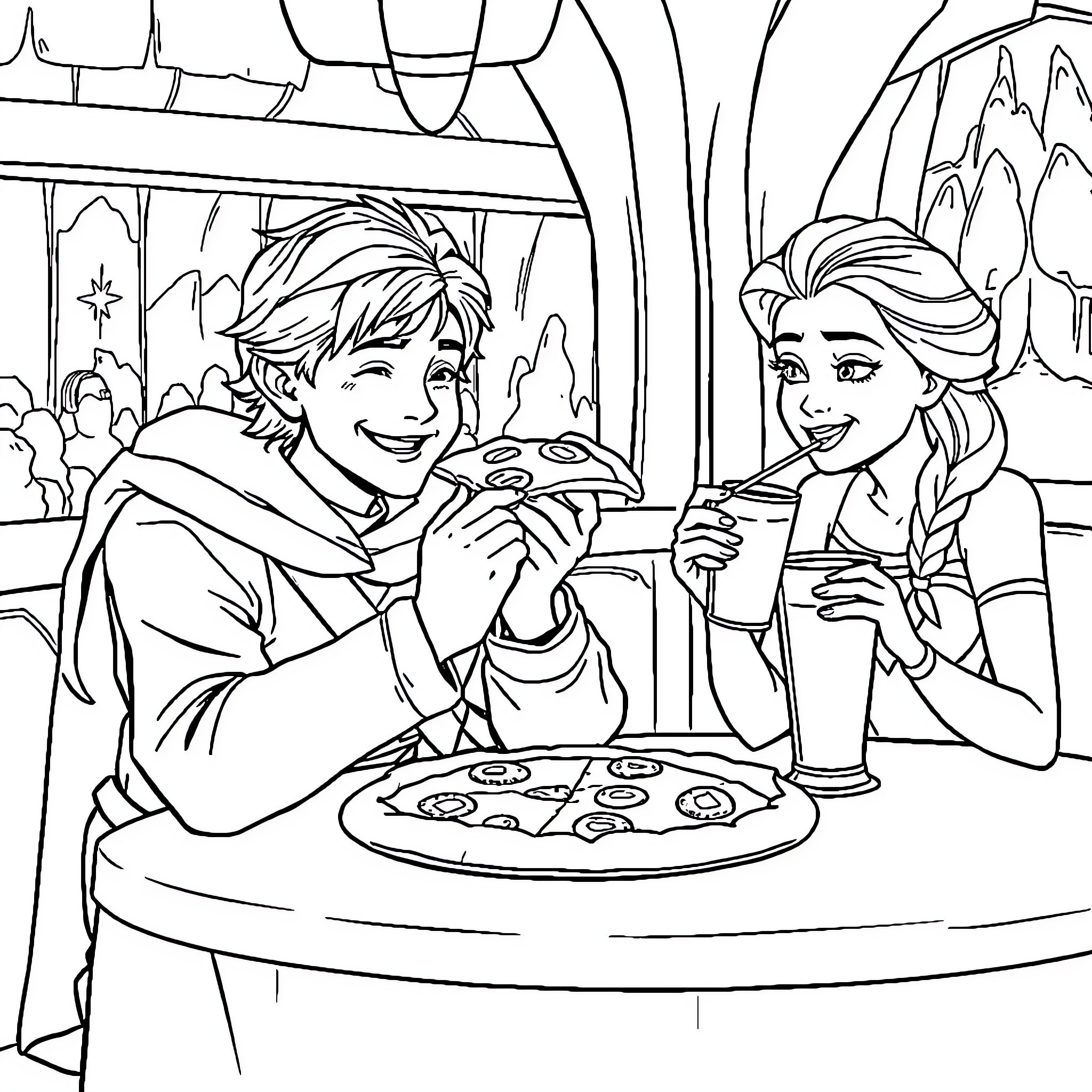 Frodo and Elsa enjoying a warm meal at the table Coloring Page (free black-and-white line drawing printable PDF for all, from beginners to advanced learners, including children, teens, adults, and seniors)