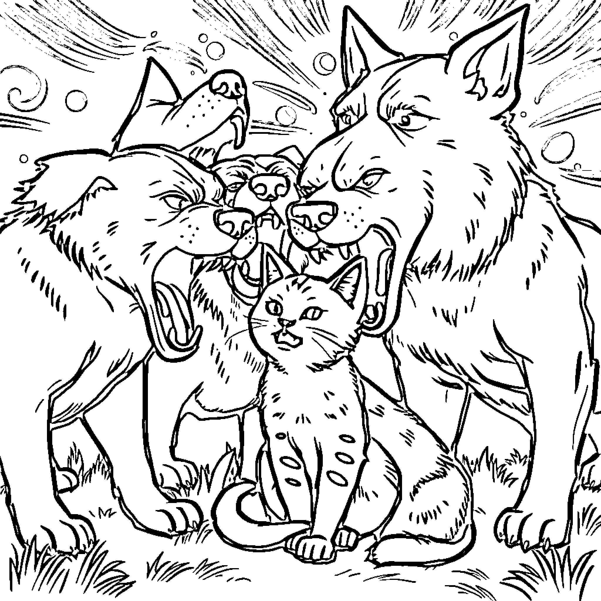 Dog pack playing together in nature Coloring Page (free black-and-white line drawing printable PDF for all, from beginners to advanced learners, including children, teens, adults, and seniors)