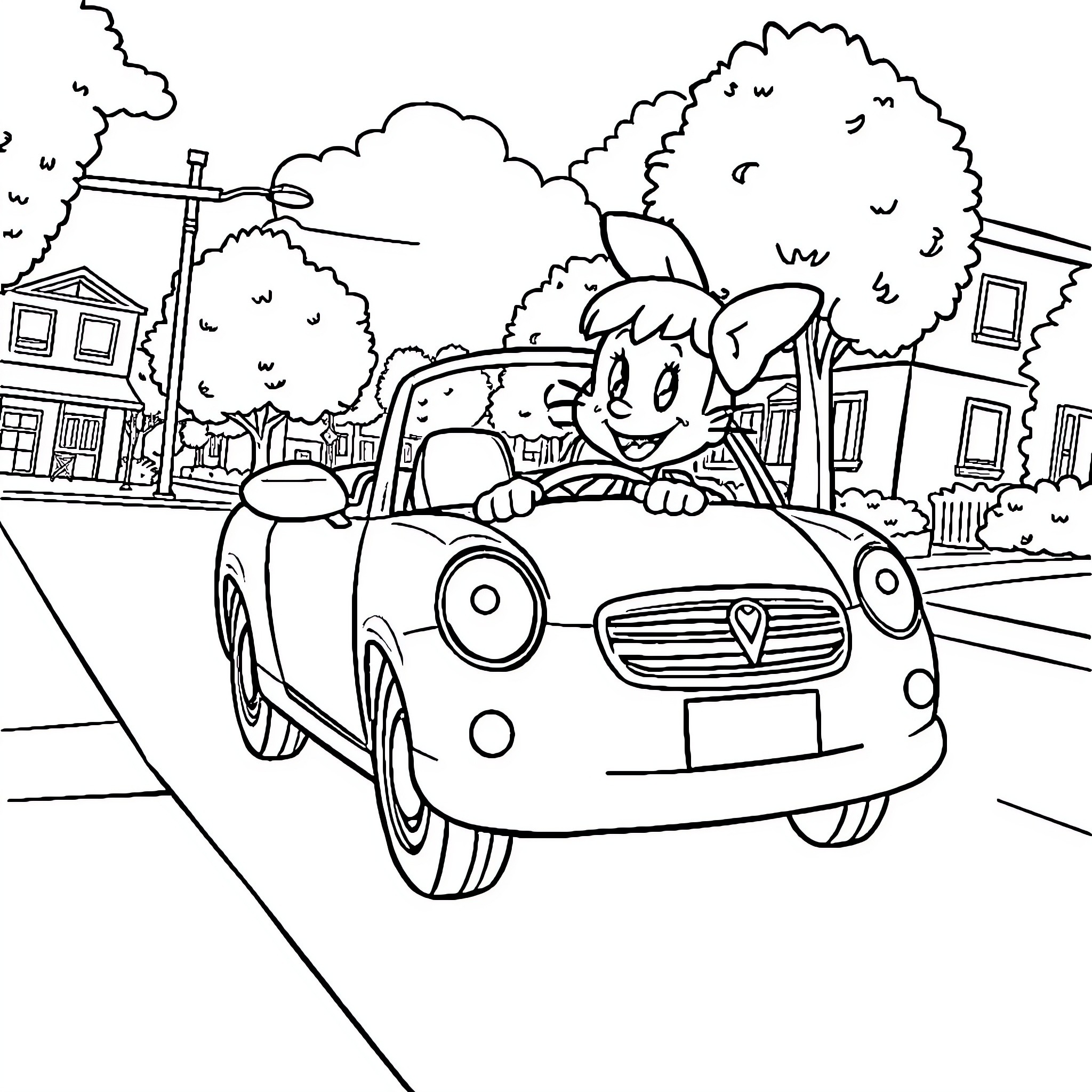 Millie's Happy Car Ride in the Neighborhood Coloring Page (free black-and-white line drawing printable PDF for all, from beginners to advanced learners, including children, teens, adults, and seniors)