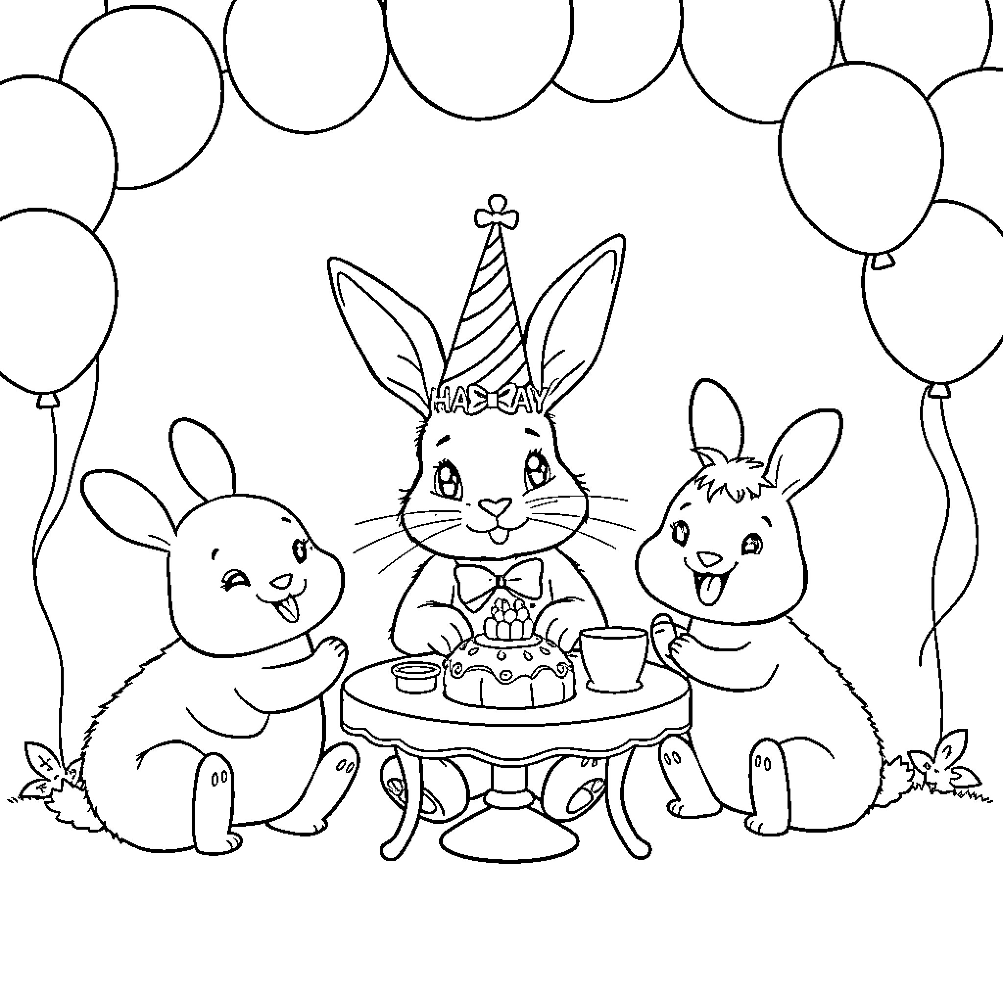Bunnies celebrating a party with cake and balloons Coloring Page (free black-and-white line drawing printable PDF for all, from beginners to advanced learners, including children, teens, adults, and seniors)