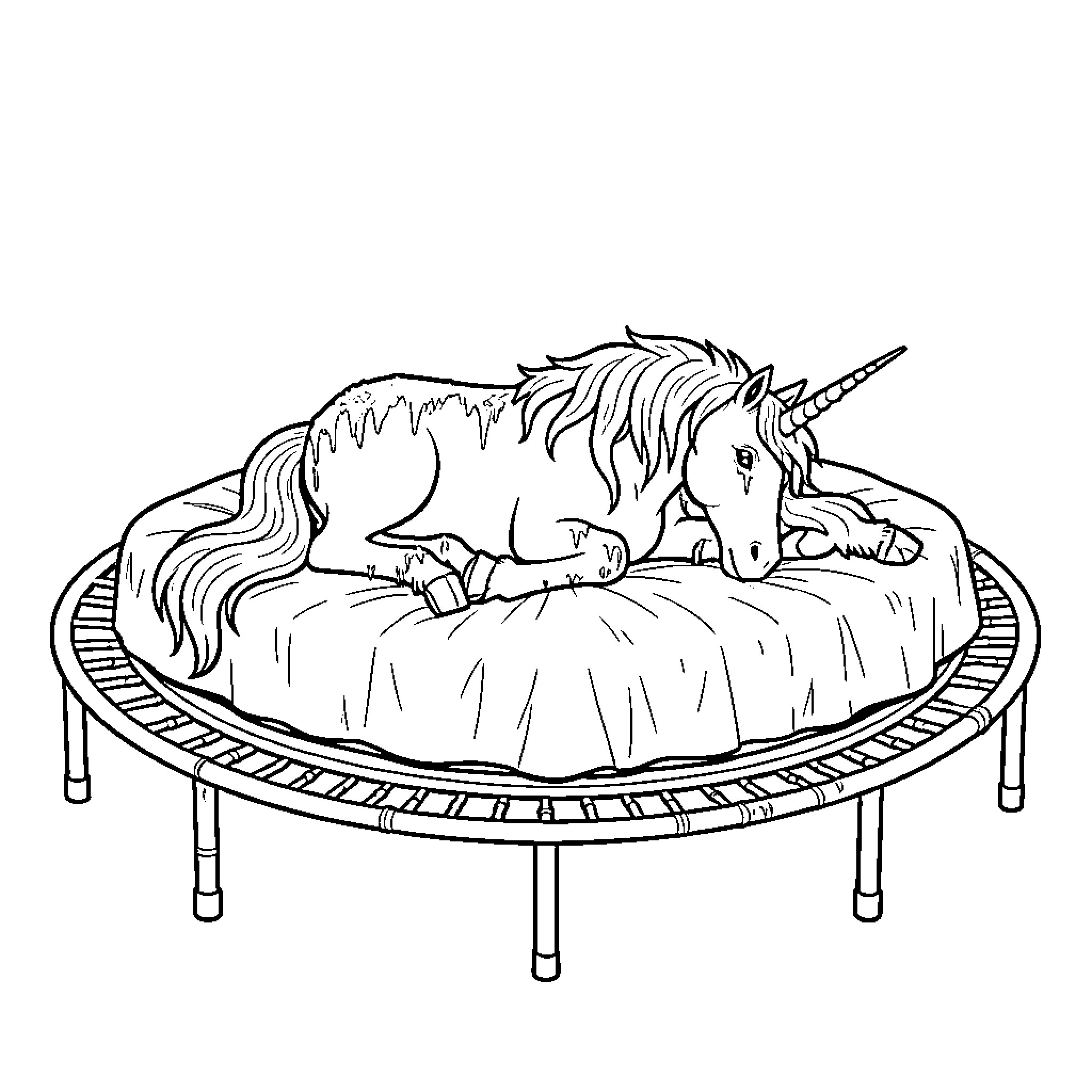 Unicorn resting peacefully on a large circular cushion Coloring Page (free black-and-white line drawing printable PDF for all, from beginners to advanced learners, including children, teens, adults, and seniors)