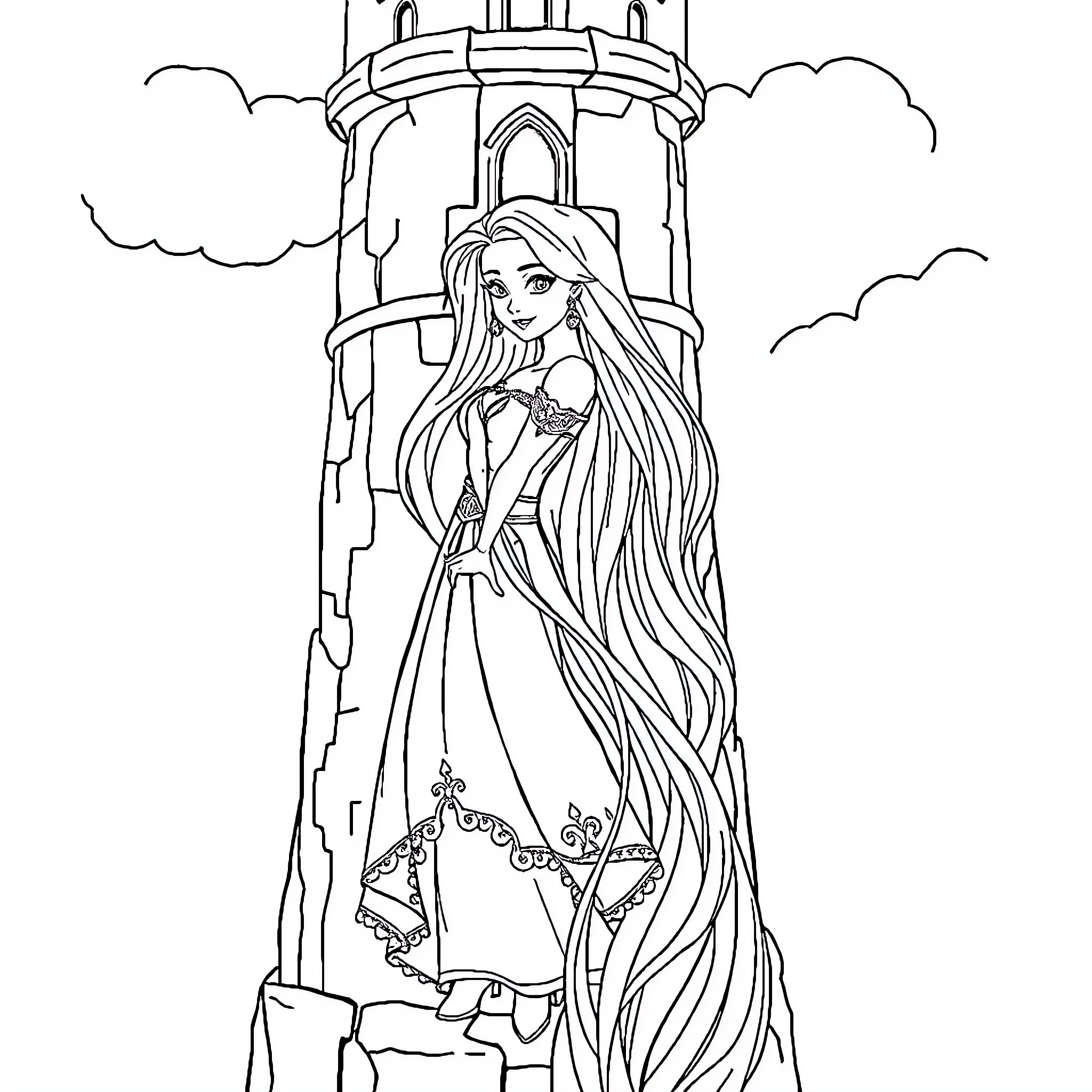 Bluey in a Beautiful Castle Tower Coloring Page (free black-and-white line drawing printable PDF for all, from beginners to advanced learners, including children, teens, adults, and seniors)