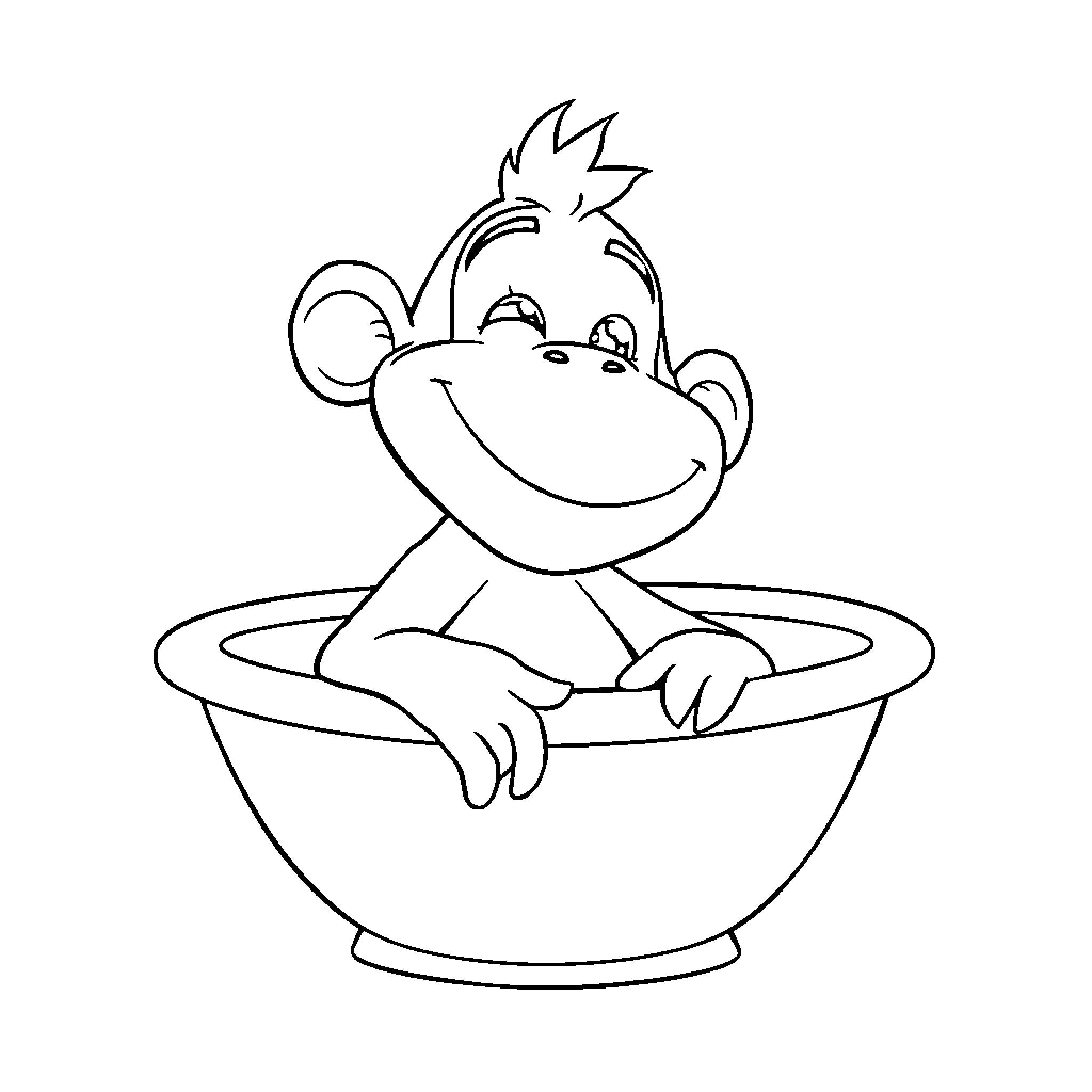 Anime Doll Monkey in a Bowl Coloring Page (free black-and-white line drawing printable PDF for all, from beginners to advanced learners, including children, teens, adults, and seniors)