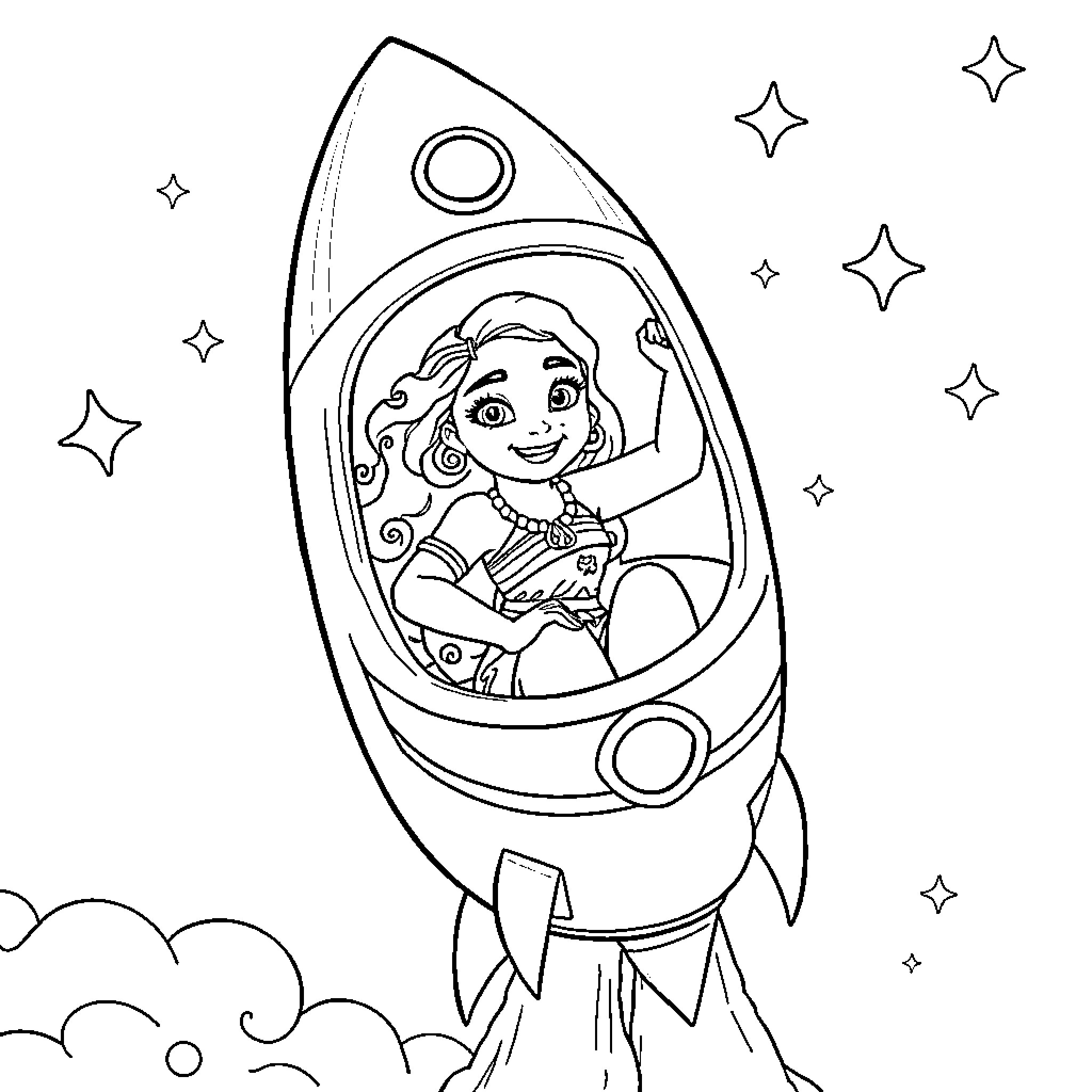 Moana soaring into the stars aboard a rocket ship Coloring Page (free black-and-white line drawing printable PDF for all, from beginners to advanced learners, including children, teens, adults, and seniors)