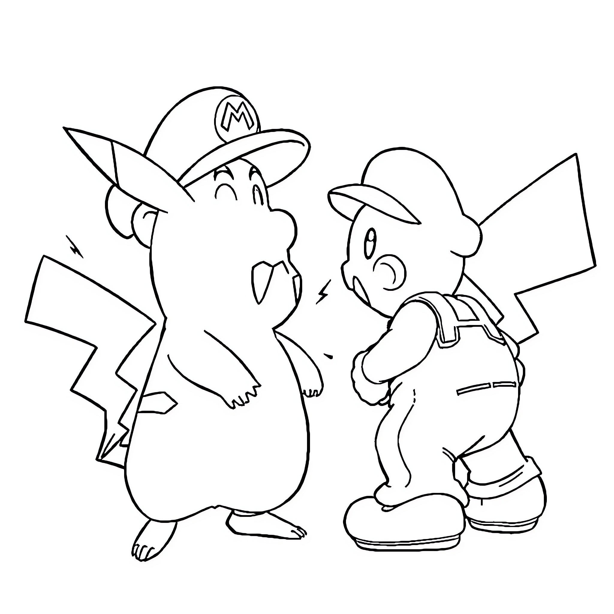 Pikachu and Mario enjoying adventure together Coloring Page (free black-and-white line drawing printable PDF for all, from beginners to advanced learners, including children, teens, adults, and seniors)