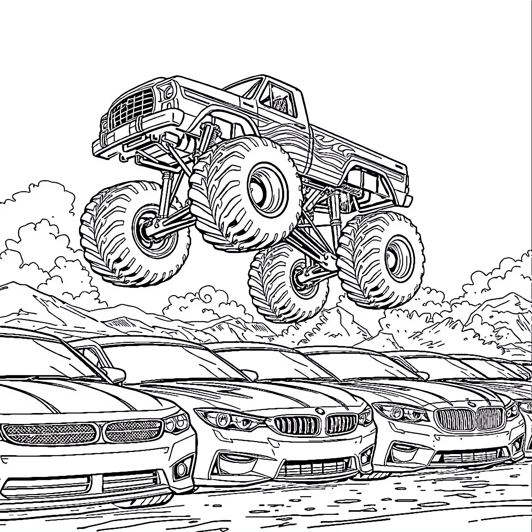 Monster Truck Crushing Cars in Action-Packed Scene Coloring Page (free black-and-white line drawing printable PDF for all, from beginners to advanced learners, including children, teens, adults, and seniors)