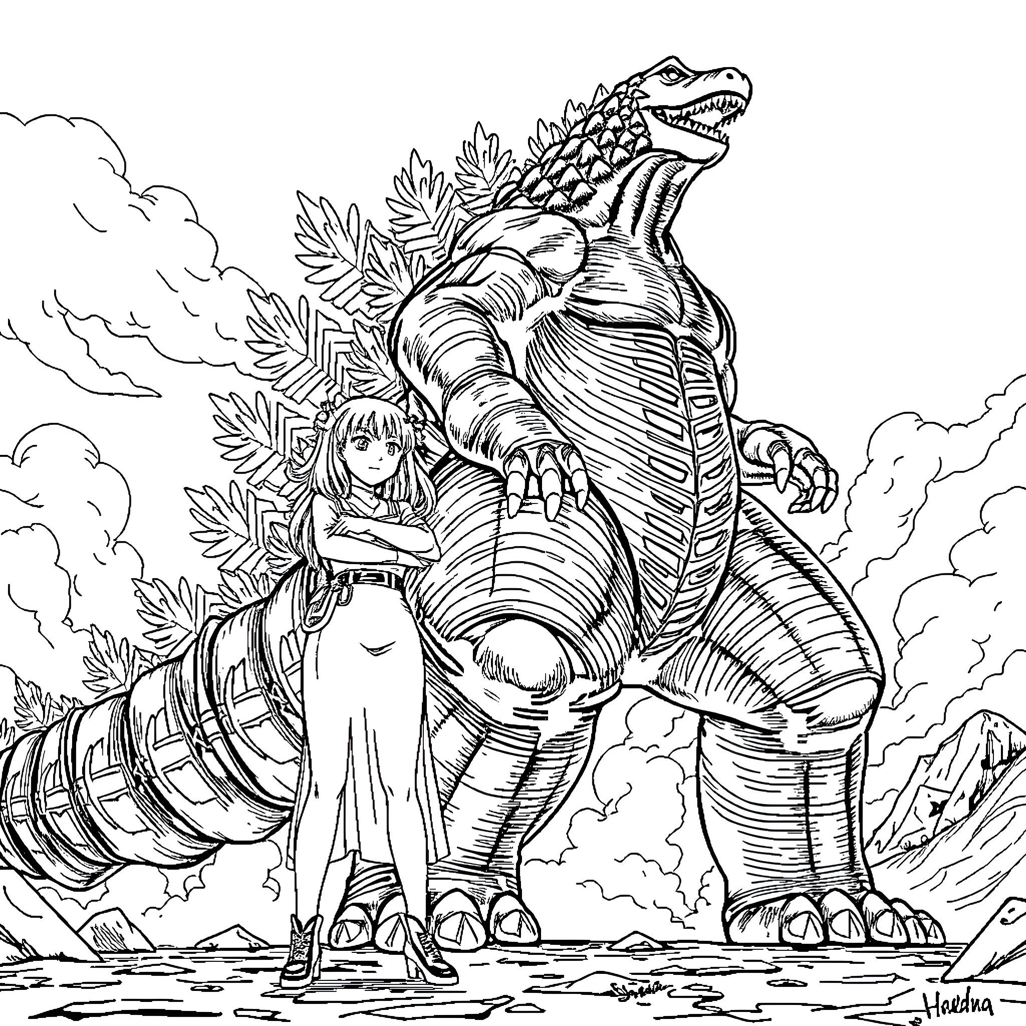 Ino Yamanaka facing a giant reptilian creature Coloring Page (free black-and-white line drawing printable PDF for all, from beginners to advanced learners, including children, teens, adults, and seniors)
