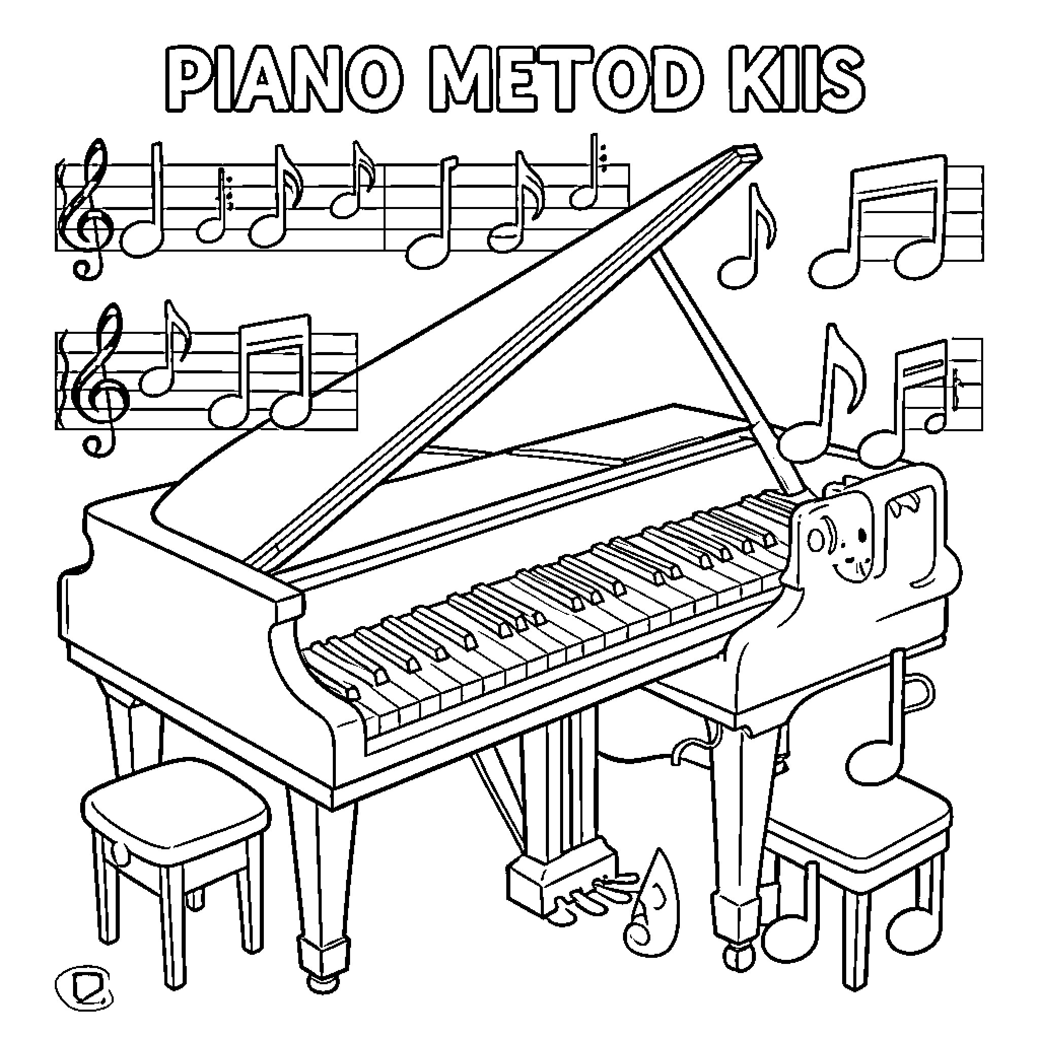 Piano Metod Kits with Musical Notes Coloring Page (free black-and-white line drawing printable PDF for all, from beginners to advanced learners, including children, teens, adults, and seniors)