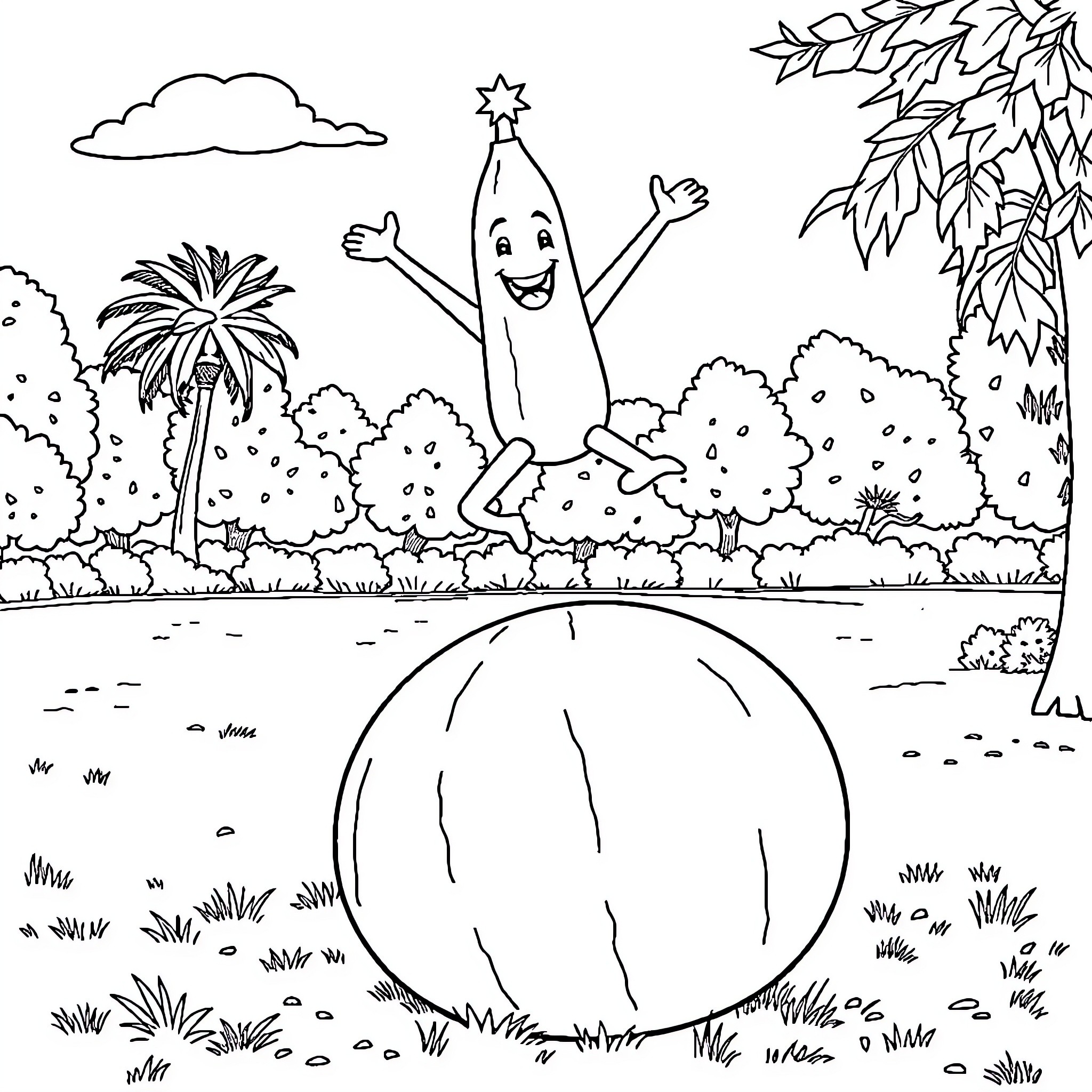 Banana Man Celebrates Joyfully in Nature Coloring Page (free black-and-white line drawing printable PDF for all, from beginners to advanced learners, including children, teens, adults, and seniors)