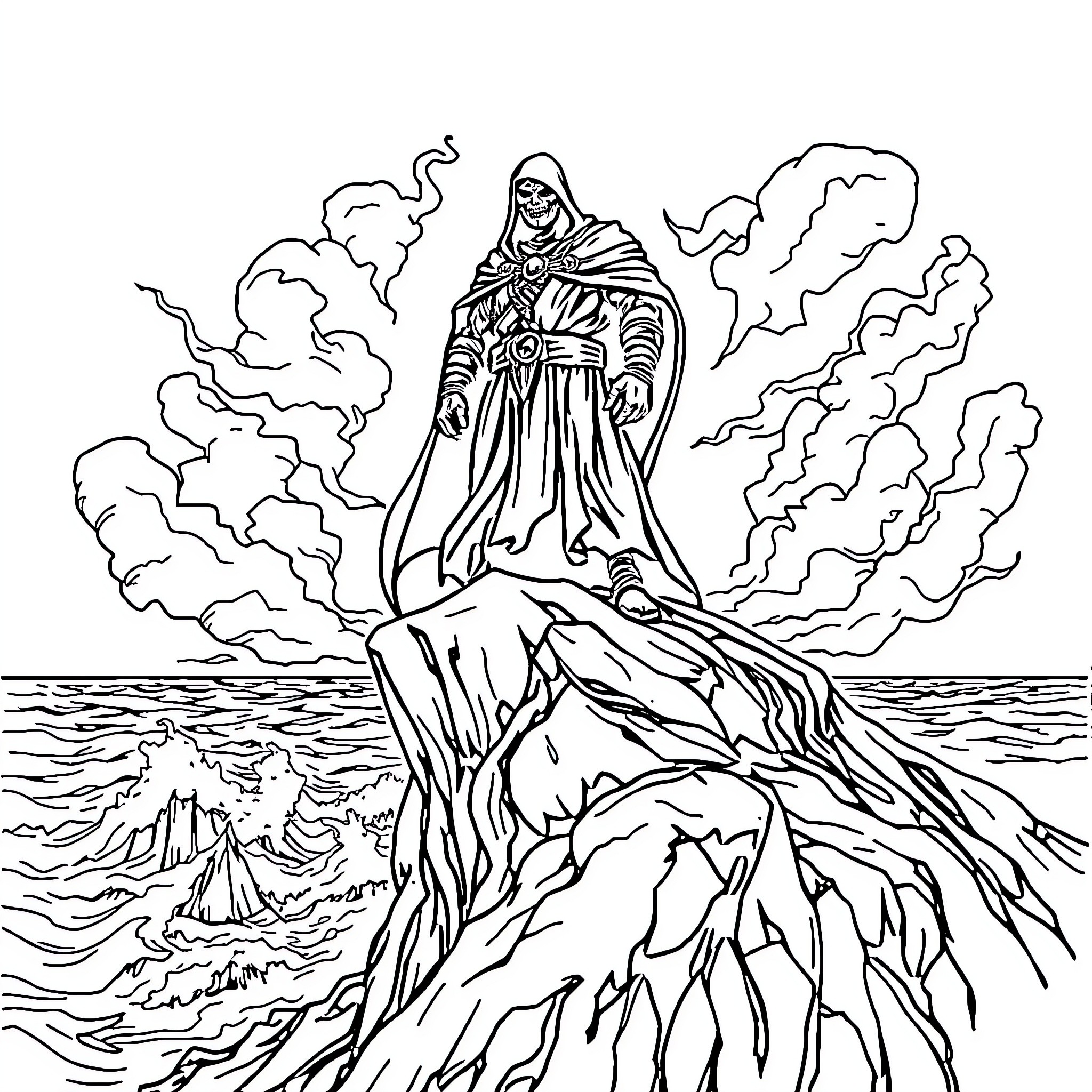 Thulsa Doom commanding the tempestuous waves Coloring Page (free black-and-white line drawing printable PDF for all, from beginners to advanced learners, including children, teens, adults, and seniors)