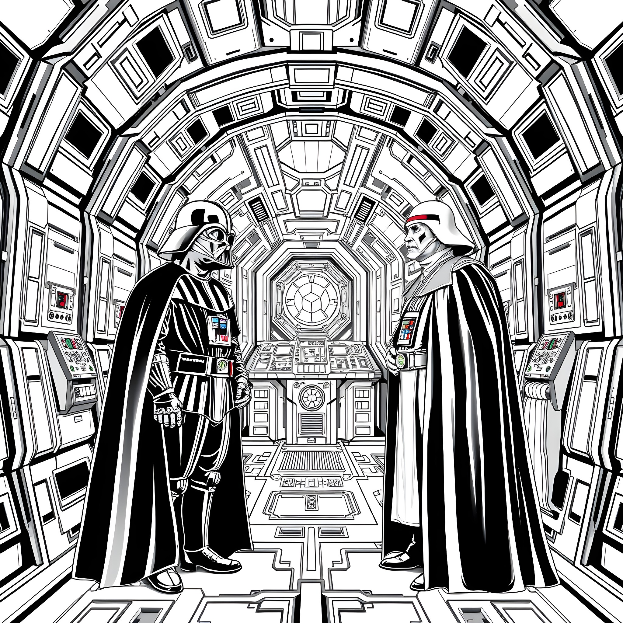 Darth Vader confronting Imperial soldiers in futuristic hallway Coloring Page (free black-and-white line drawing printable PDF for all, from beginners to advanced learners, including children, teens, adults, and seniors)