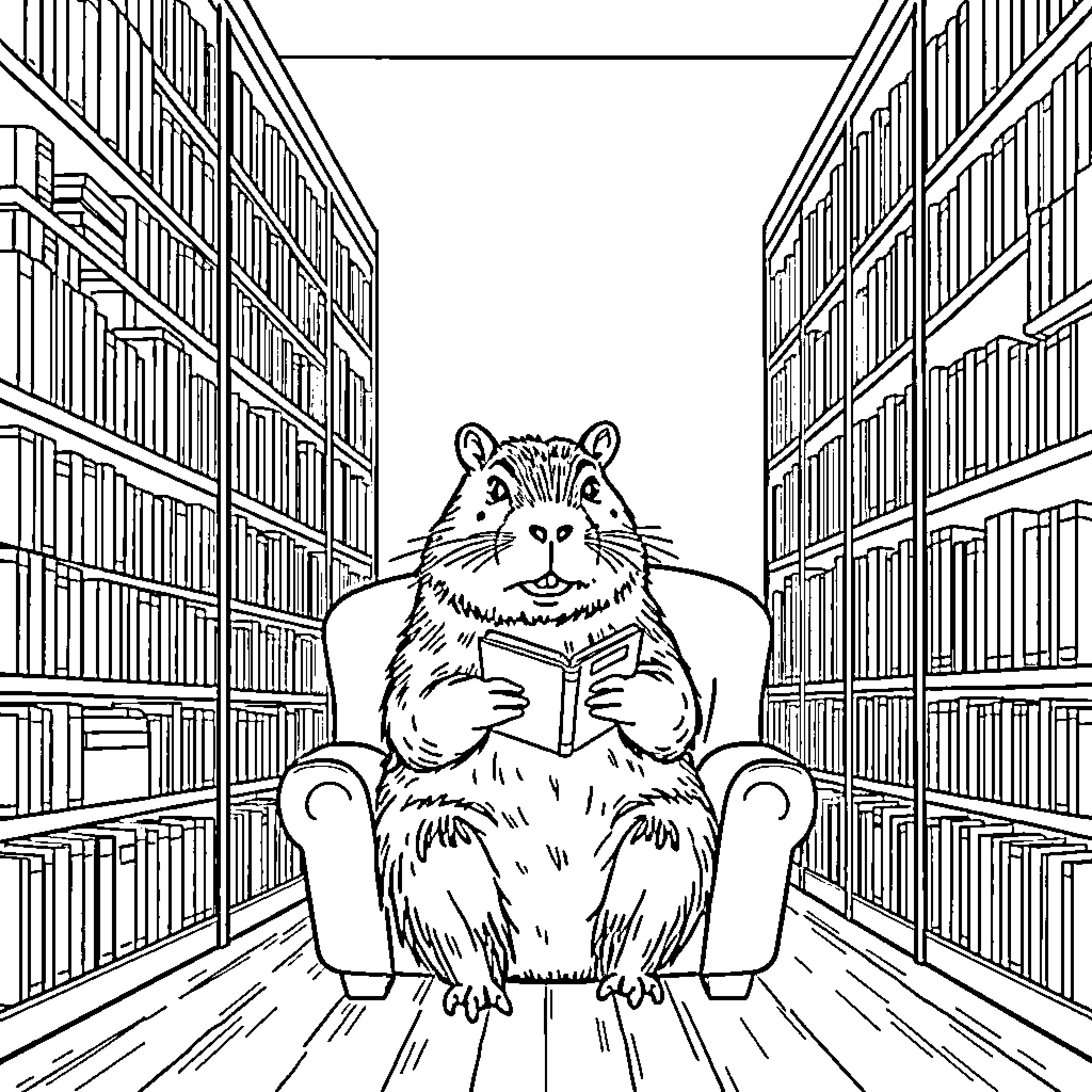 Capybara reading in a library Coloring Page (free black-and-white line drawing printable PDF for all, from beginners to advanced learners, including children, teens, adults, and seniors)