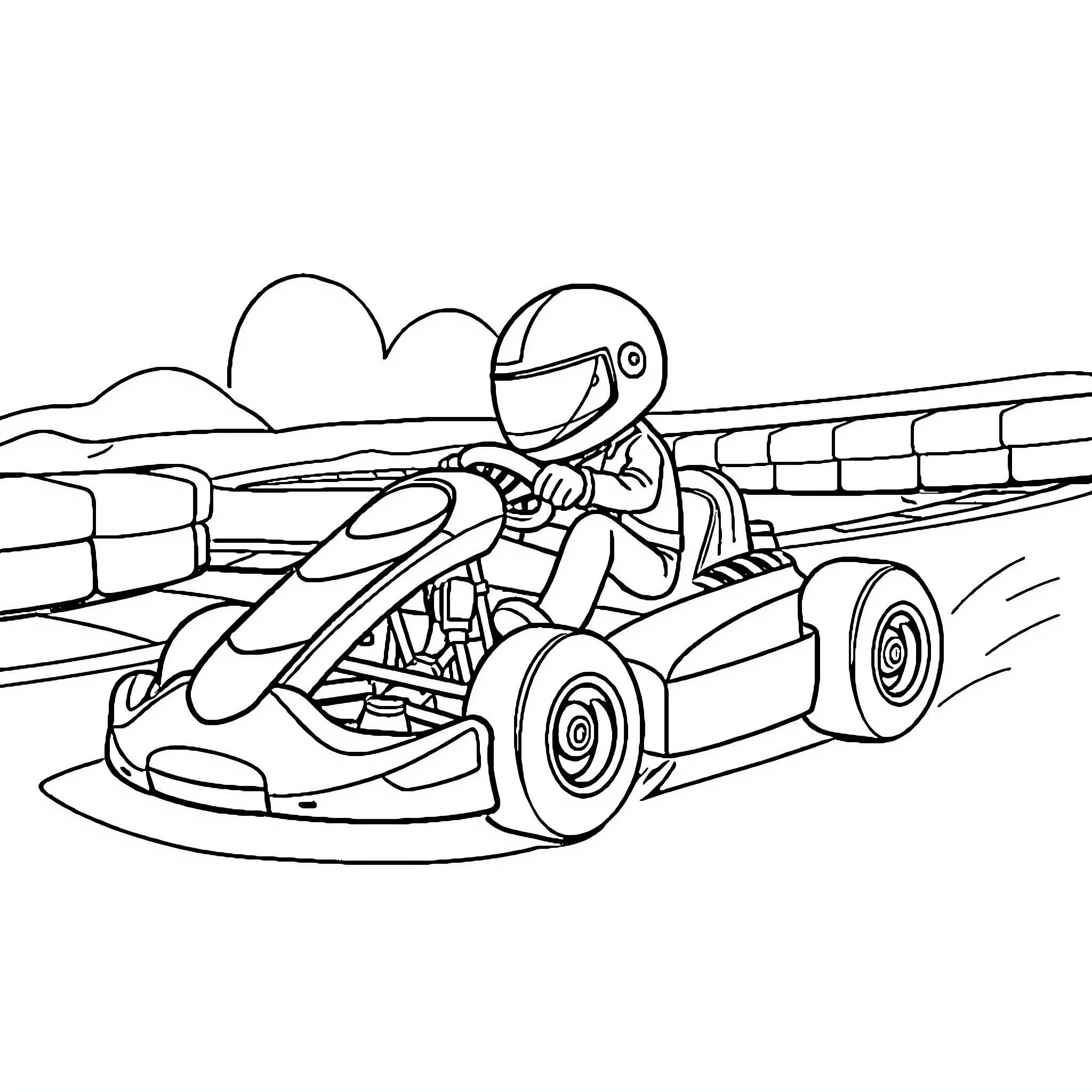 Rubber Racer Speeds Through the Racetrack Coloring Page (free black-and-white line drawing printable PDF for all, from beginners to advanced learners, including children, teens, adults, and seniors)