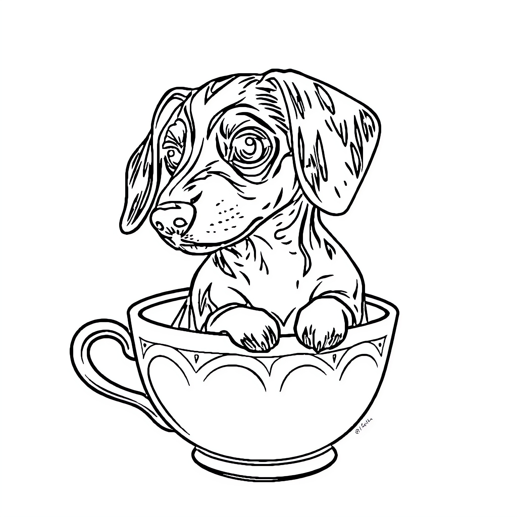 Dachshund puppy sitting in a teacup Coloring Page (free black-and-white line drawing printable PDF for all, from beginners to advanced learners, including children, teens, adults, and seniors)
