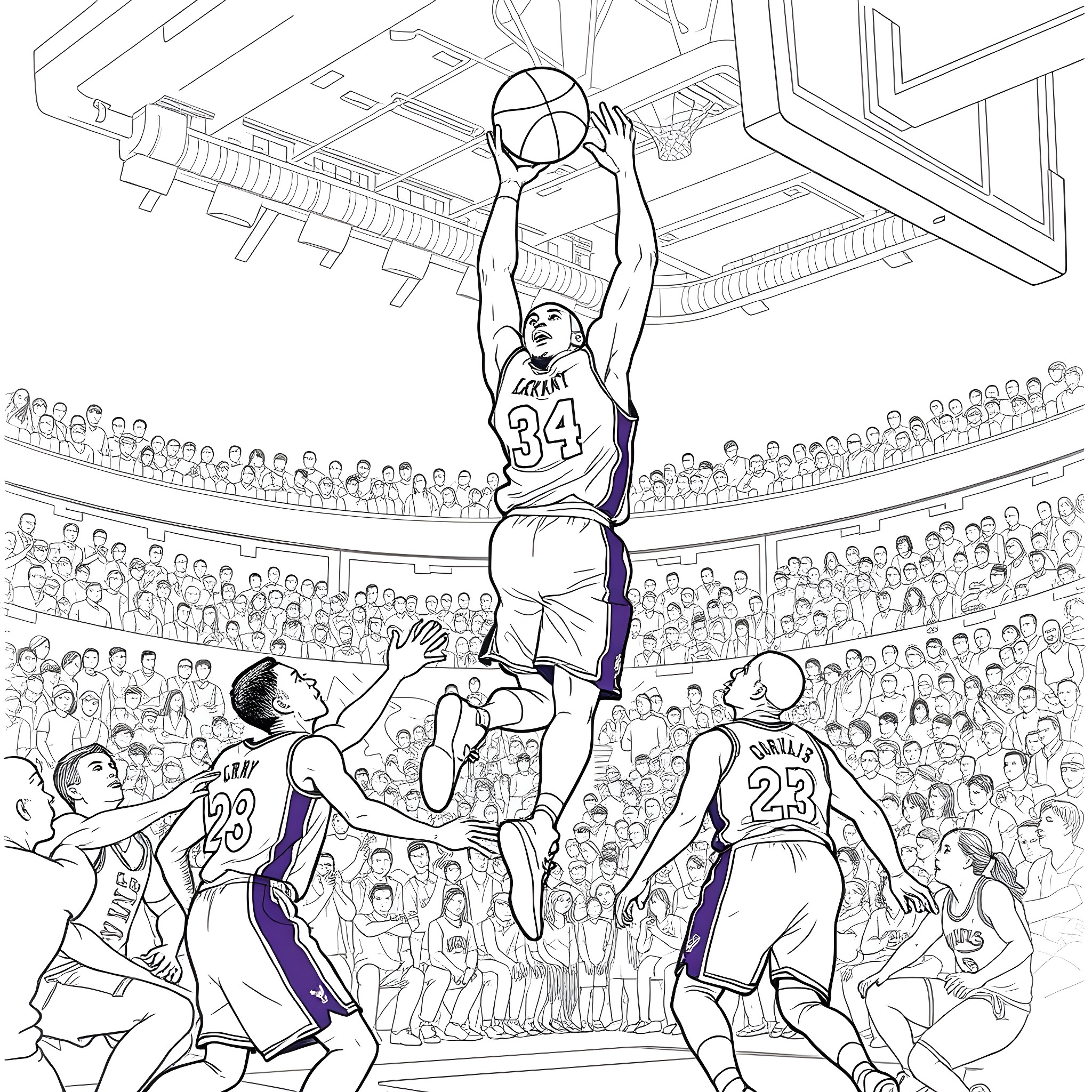 Kobe's Iconic Dunk Soaring High in a Basketball Arena Coloring Page (free black-and-white line drawing printable PDF for all, from beginners to advanced learners, including children, teens, adults, and seniors)