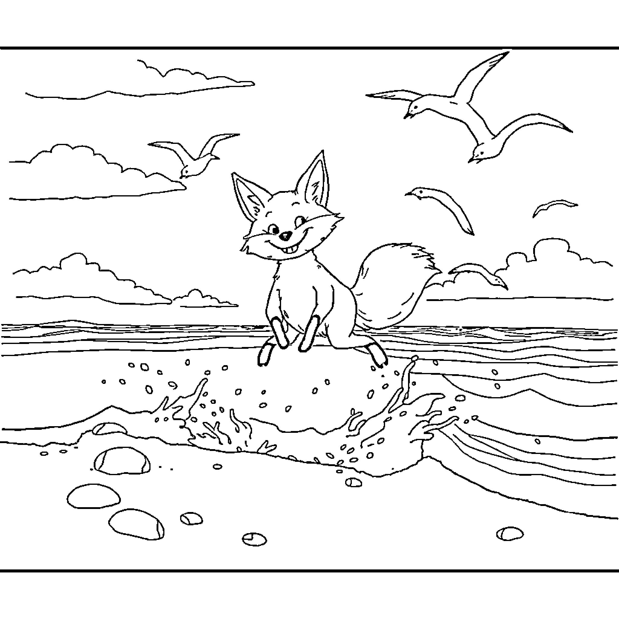 Fox enjoying a sunny day by the shore Coloring Page (free black-and-white line drawing printable PDF for all, from beginners to advanced learners, including children, teens, adults, and seniors)