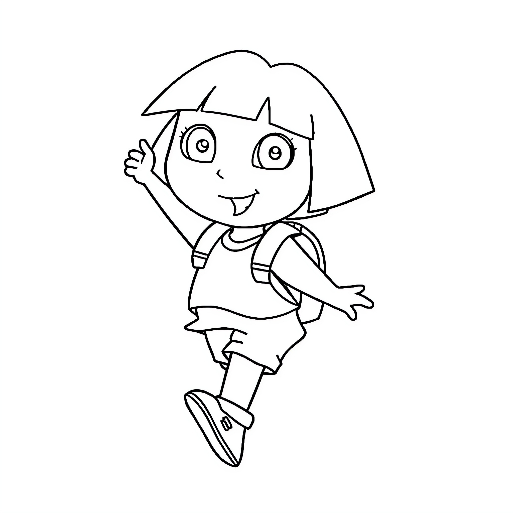 Dora the Explorer waving and exploring Coloring Page (free black-and-white line drawing printable PDF for all, from beginners to advanced learners, including children, teens, adults, and seniors)