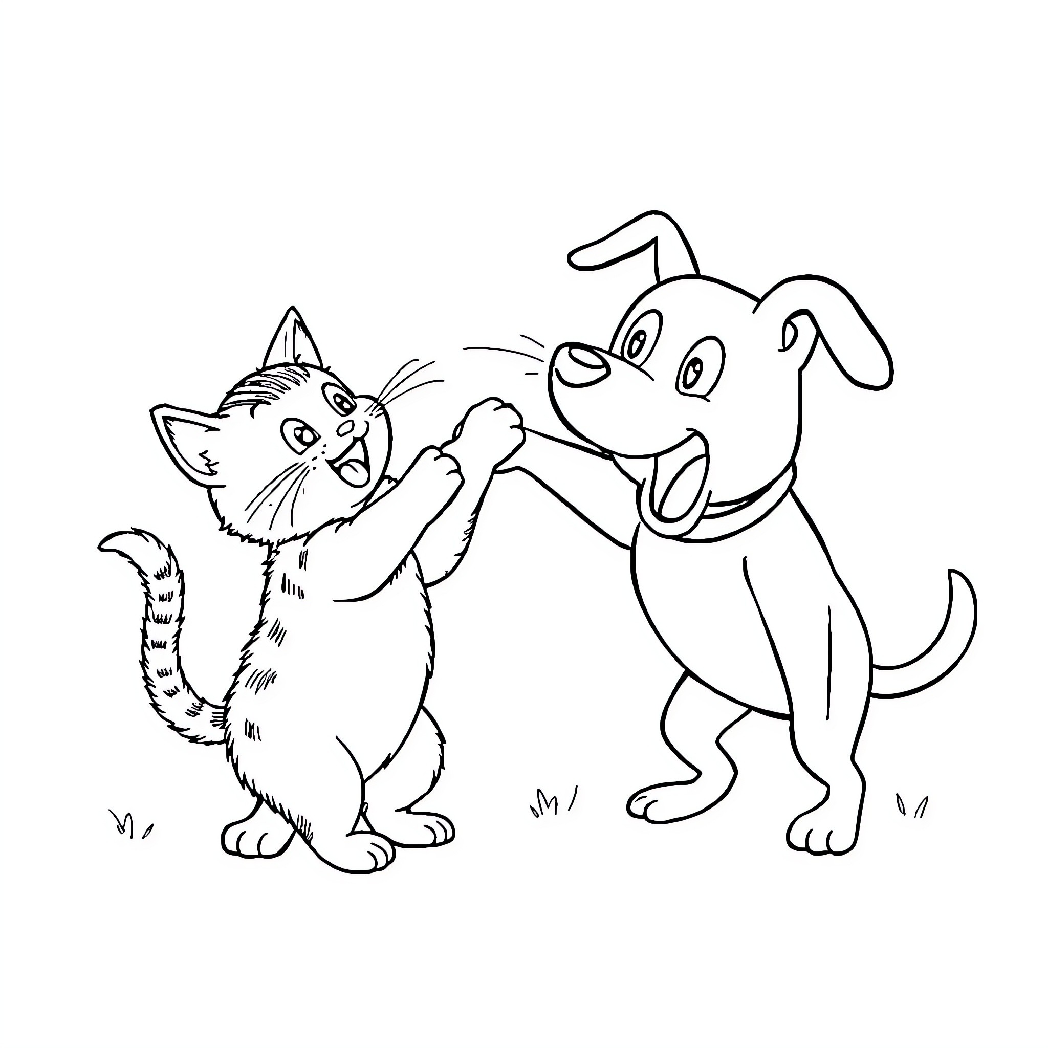 Cat and Dog Playing Together Coloring Page (free black-and-white line drawing printable PDF for all, from beginners to advanced learners, including children, teens, adults, and seniors)
