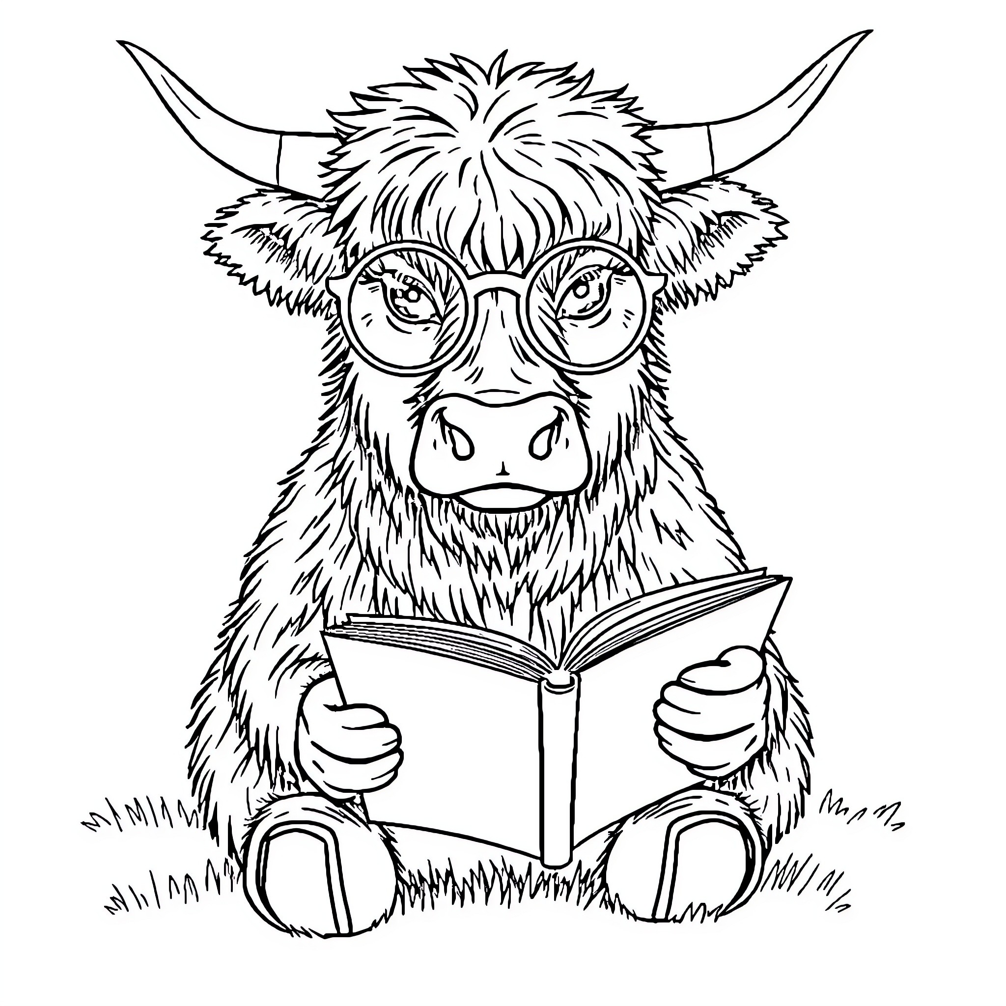 Highland Cow reading a book with curiosity Coloring Page (free black-and-white line drawing printable PDF for all, from beginners to advanced learners, including children, teens, adults, and seniors)