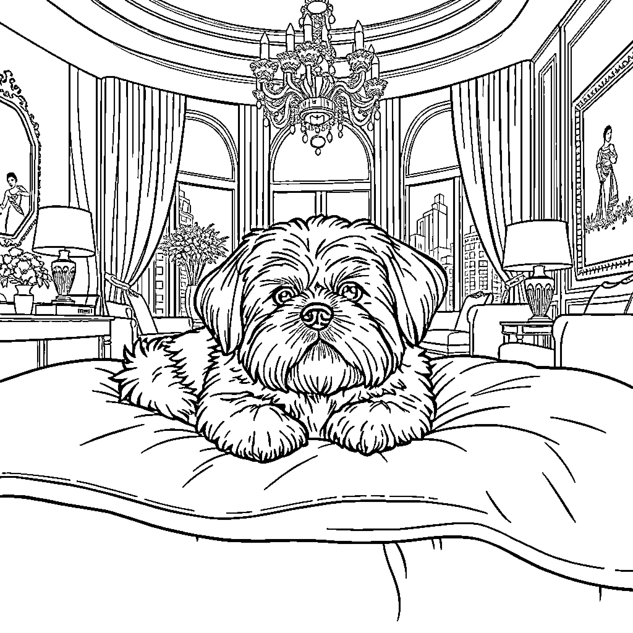 Shitzu lounging in a luxurious interior Coloring Page (free black-and-white line drawing printable PDF for all, from beginners to advanced learners, including children, teens, adults, and seniors)