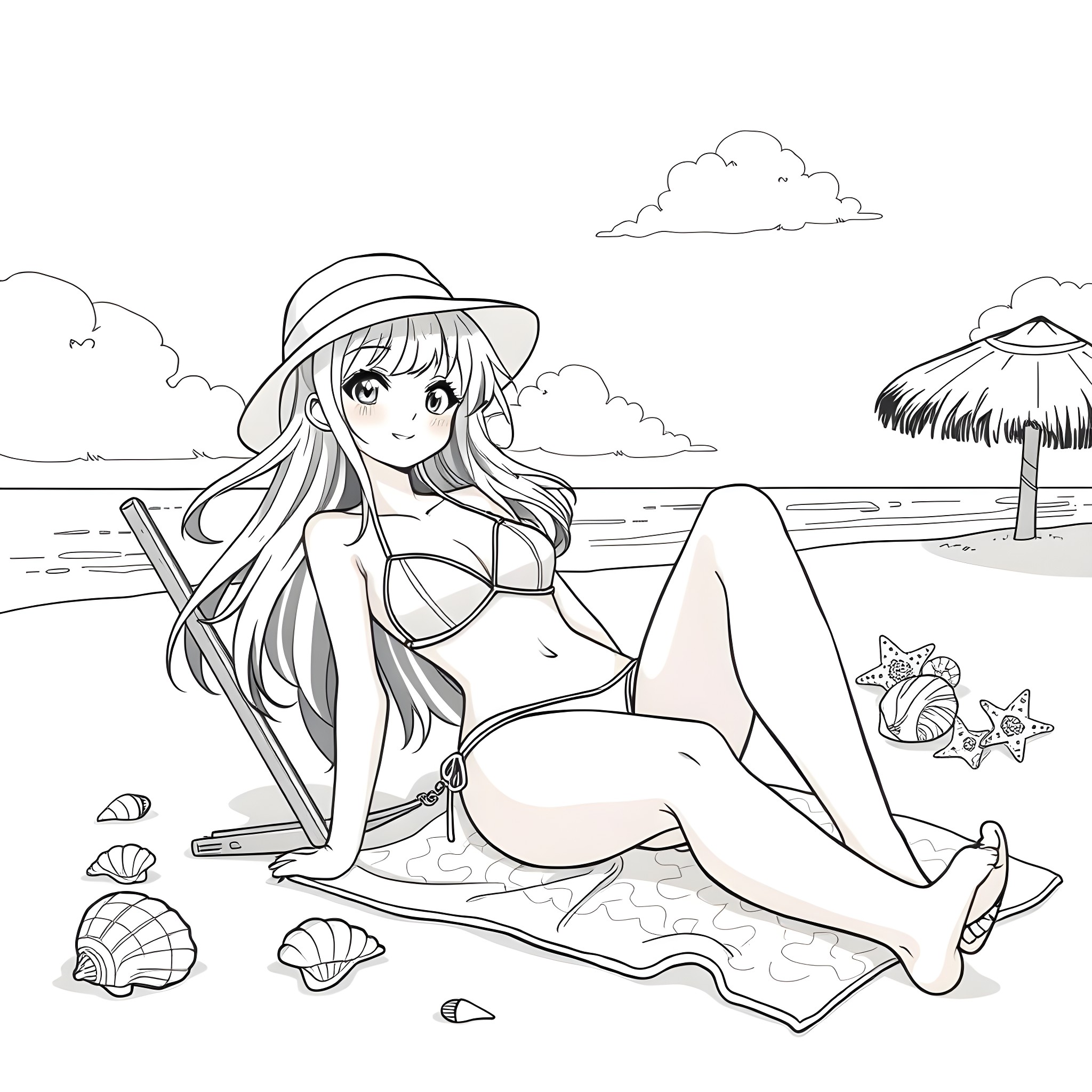 Anime Girl Relaxing on the Beach Coloring Page (free black-and-white line drawing printable PDF for all, from beginners to advanced learners, including children, teens, adults, and seniors)